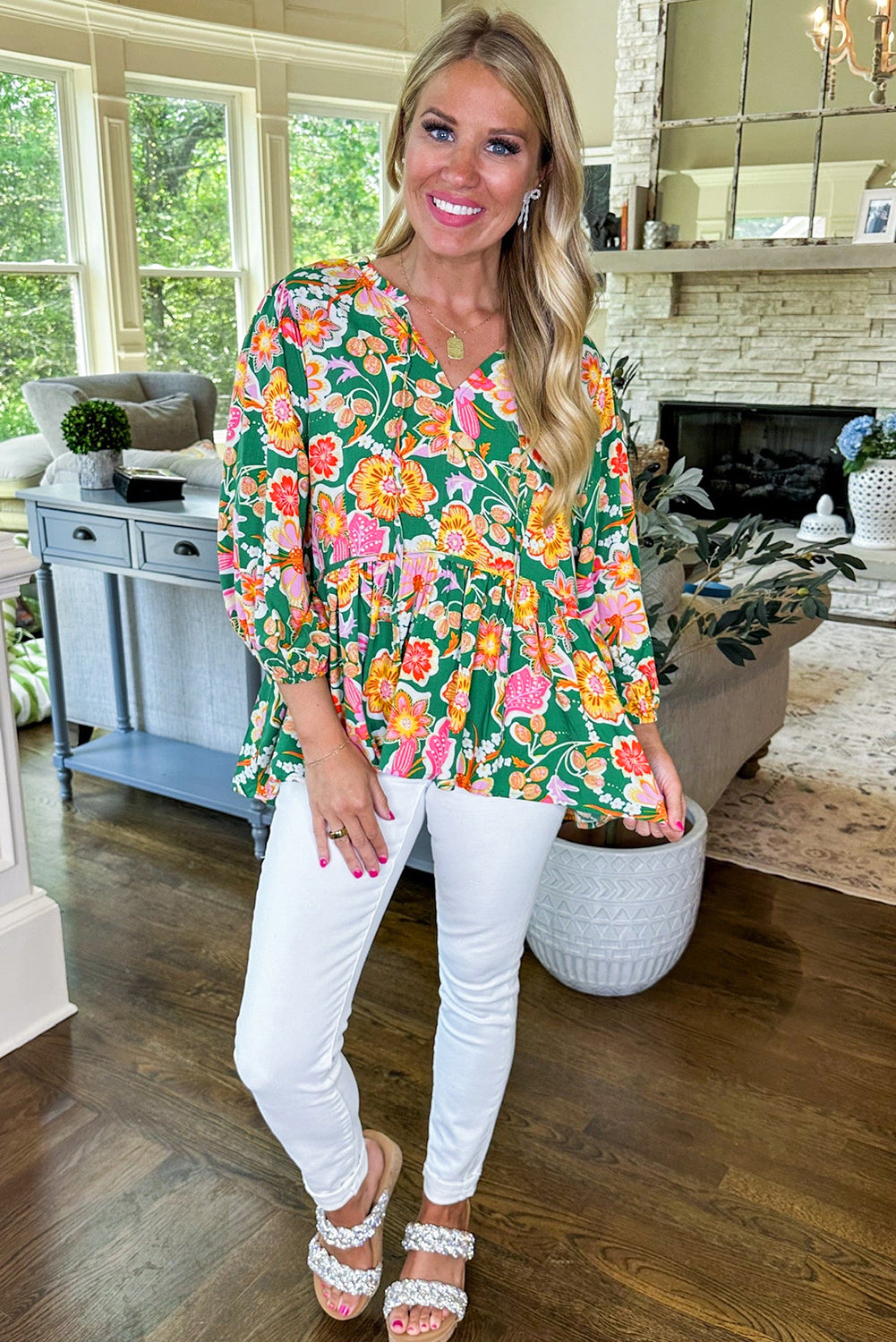 Floral Puff Sleeve V-Neck Peplum Blouse – Green Women S–XL