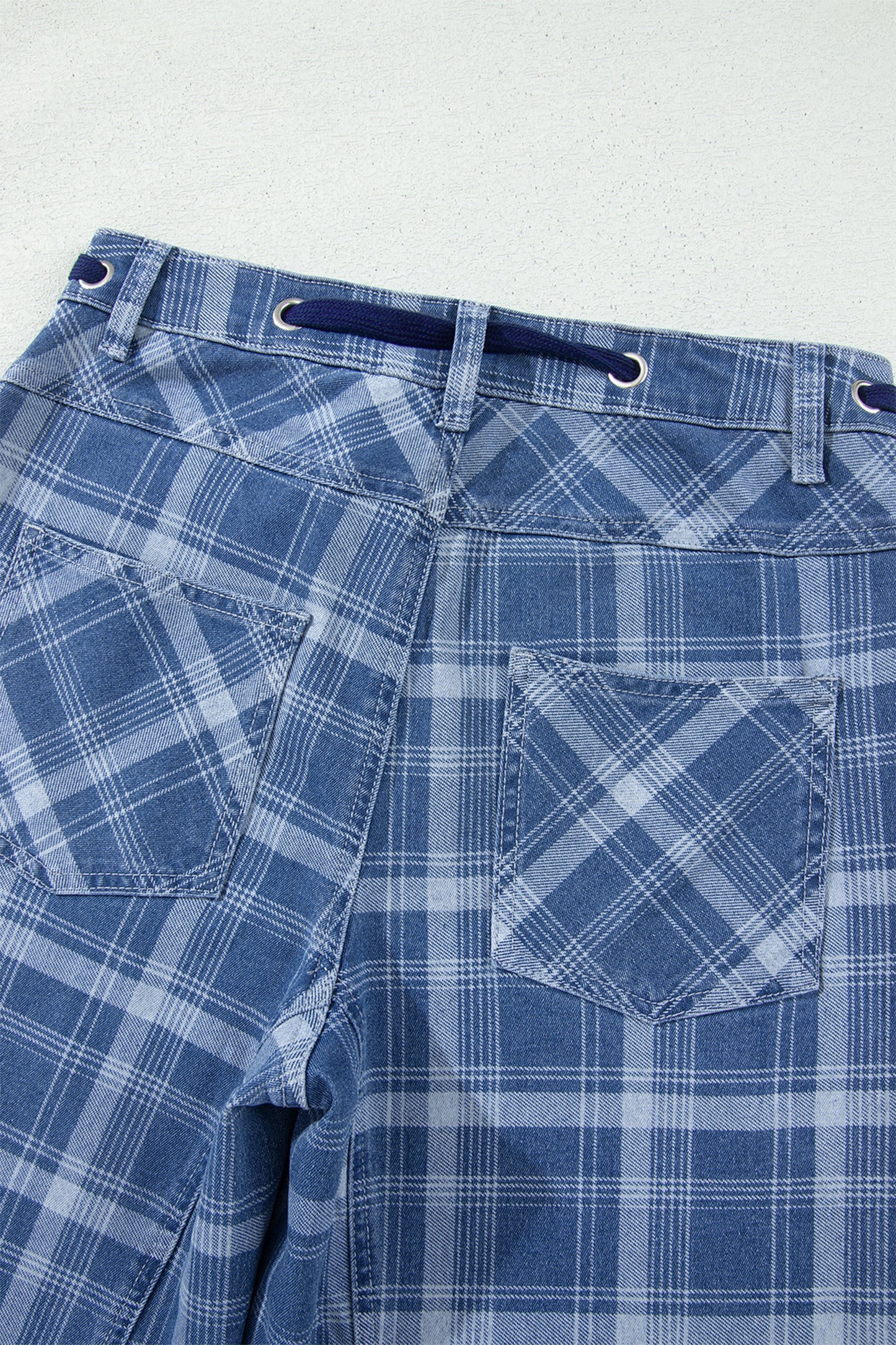 Womens Denim Plaid Drawstring Waist Ankle-Length Jeans S–XL