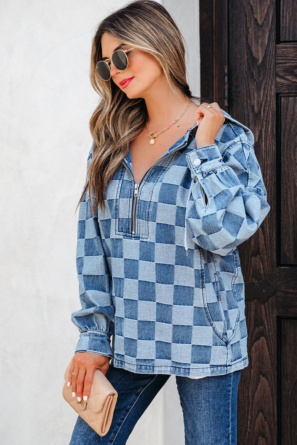 Checkerboard Zip Neck Kangaroo Pocket Denim Hoodie