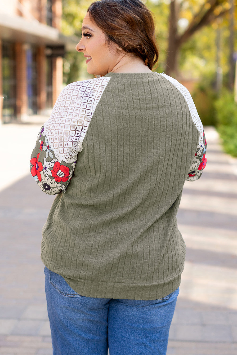 Plus Size Ribbed Floral Sleeve Blouse Women 1X–4X