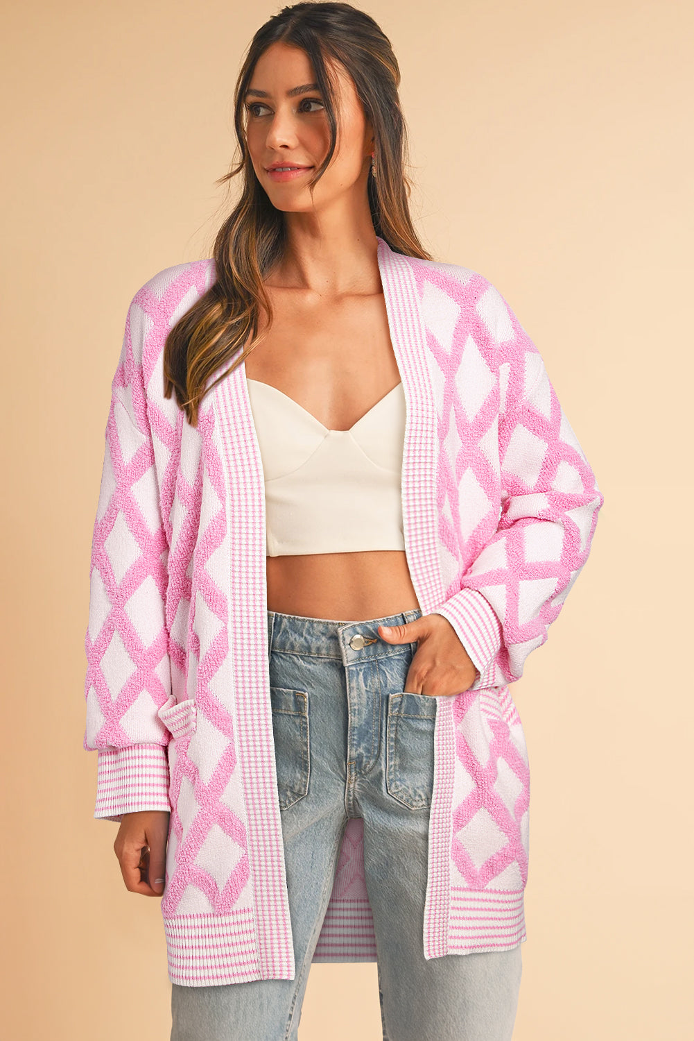 Pink Rhombus Pattern Knit Open Front Pocketed Cardigan
