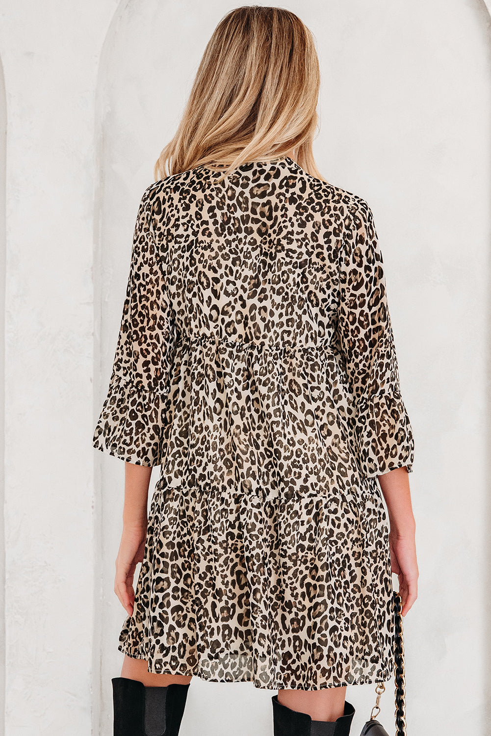 Khaki Leopard Print 3/4 Sleeve Split V-Neck Swing Dress