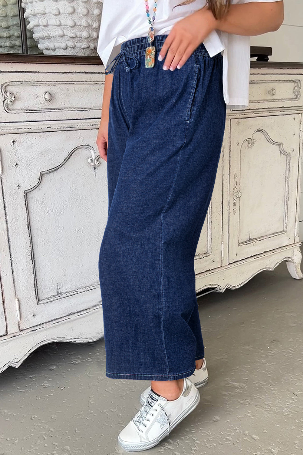 Drawstring High Waist Wide Leg Ankle Jeans – Plus Size Dark Blue 1X–4X