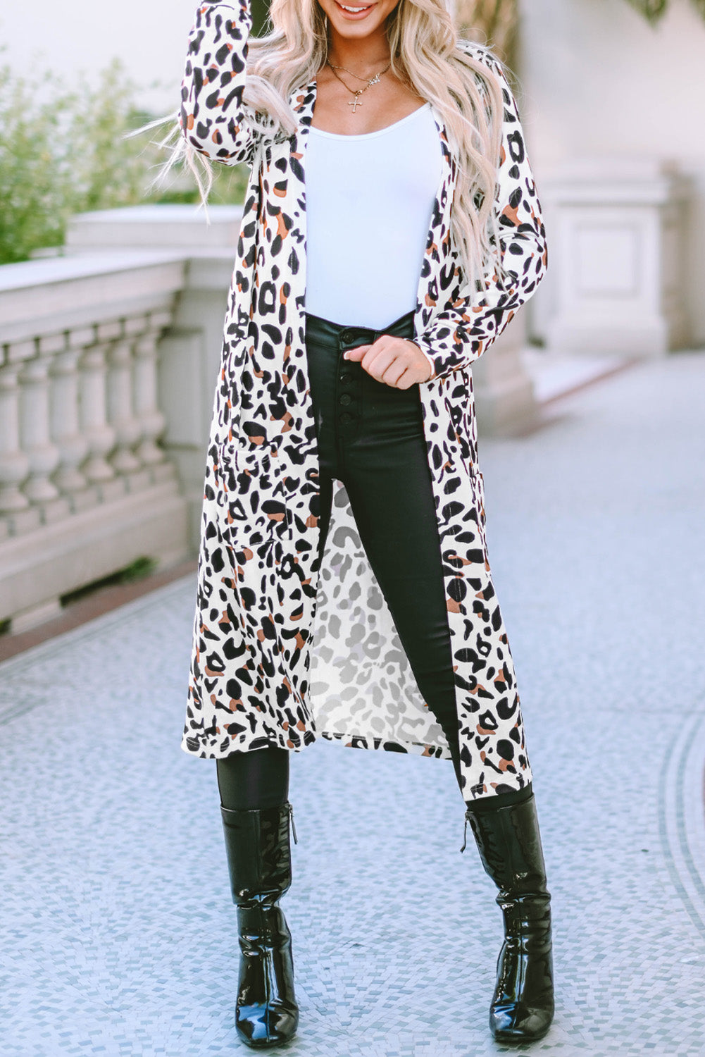 Leopard Print Open Front Maxi Cardigan with Pockets – Women S–XL