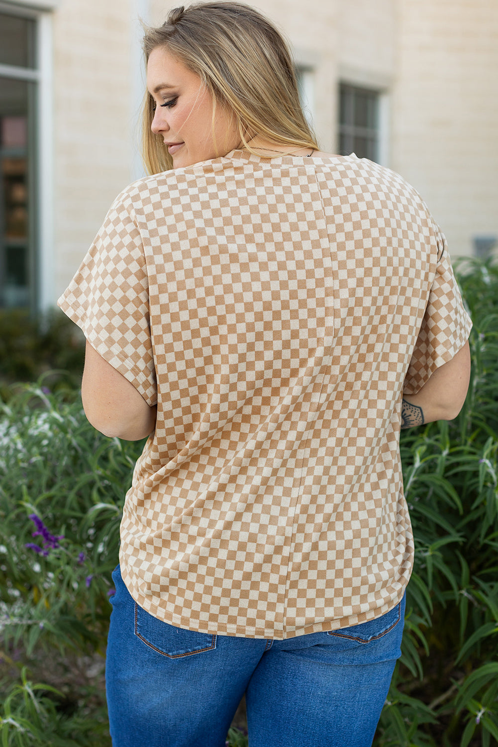 Plus Size Checkerboard Batwing Sleeve Round Neck Tee