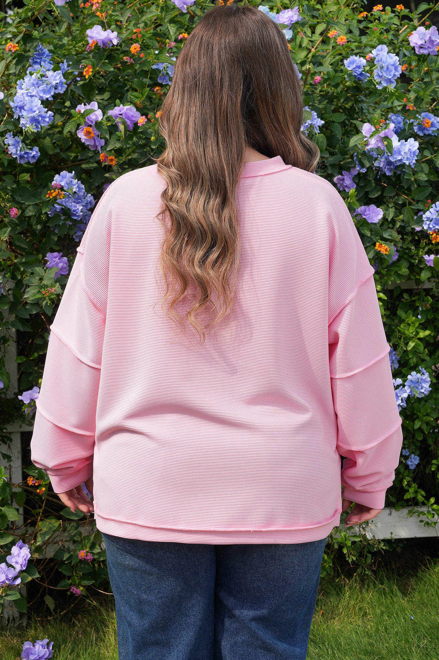 Plus Size Pink Ribbed Drop Shoulder Long Sleeve Top Women 1X–4X