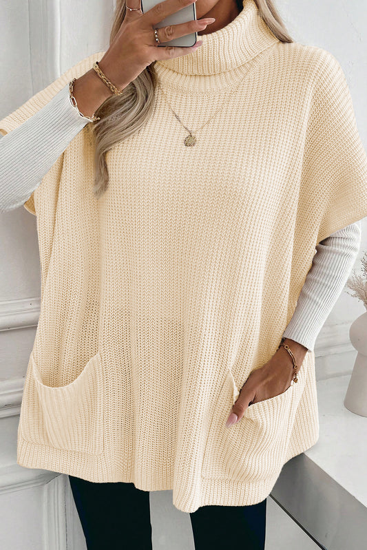 Turtleneck Short Sleeve Tunic Sweater with Pockets