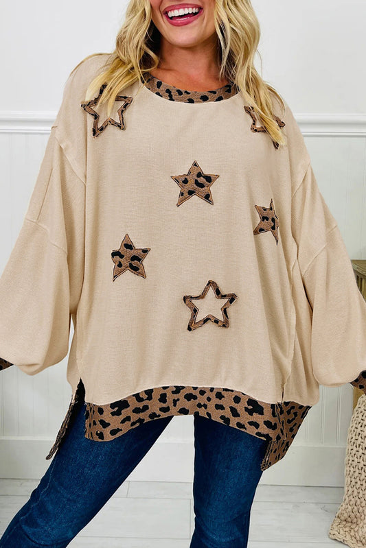 Leopard & Star Patchwork Raw-Seam Baggy Sweatshirt | Beige