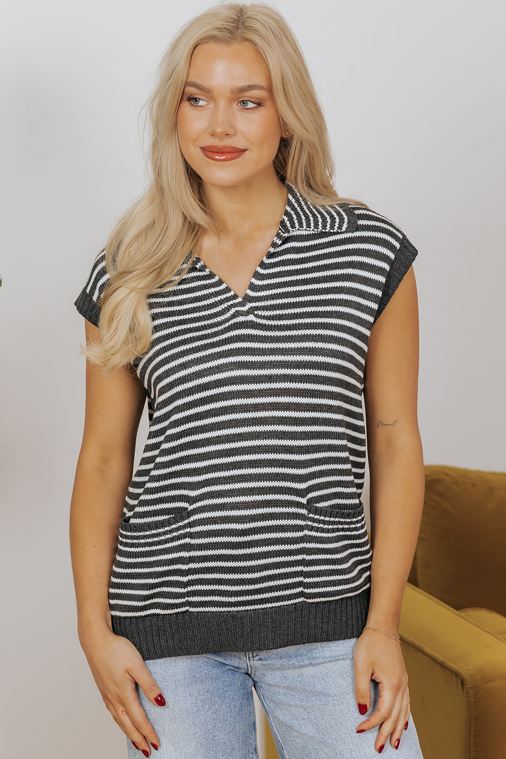 Grey Stripe Collared V-Neck Sweater Vest with Pockets | S–XL