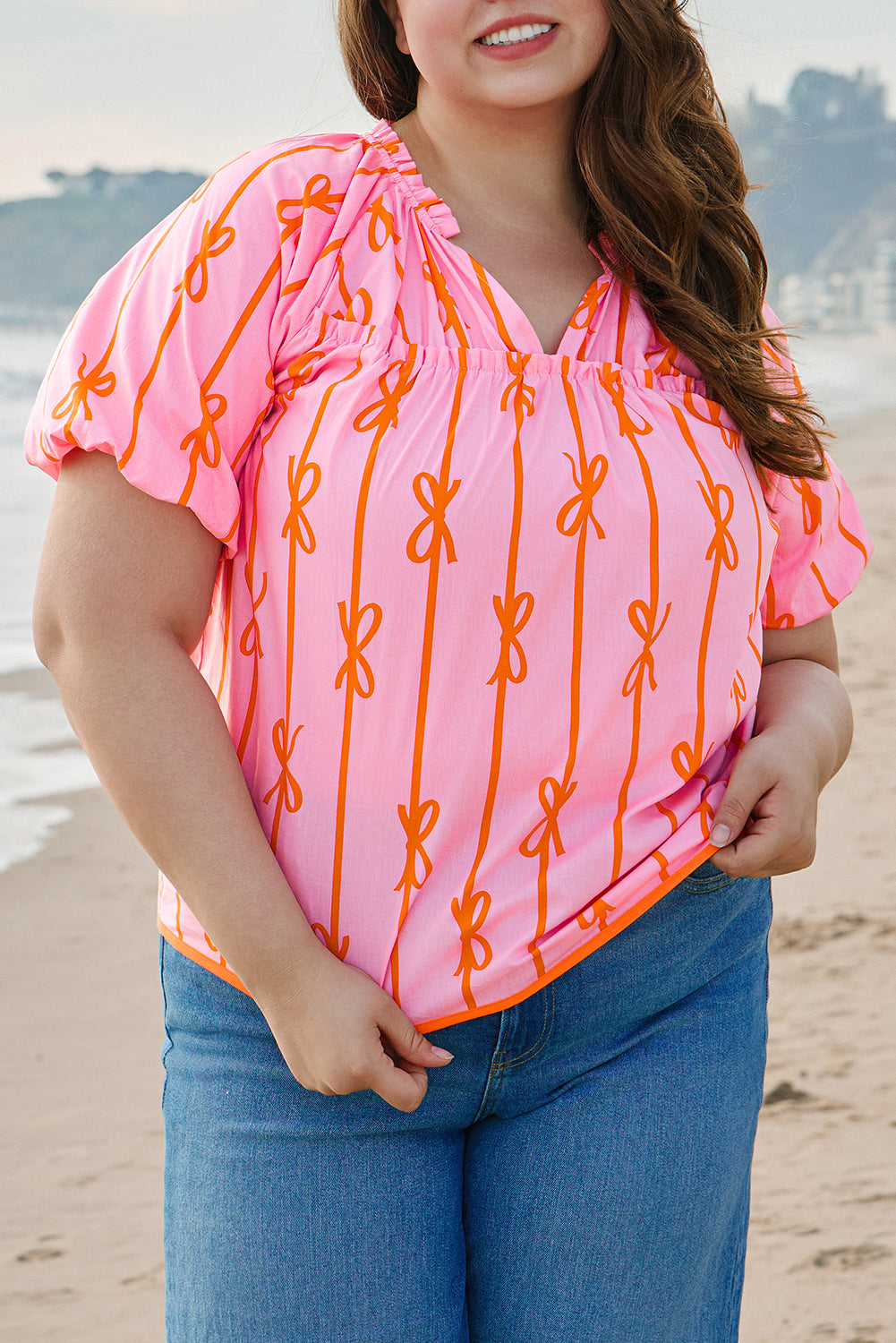 Bow Print Shirred Puff Sleeve V-Neck Blouse – Pink Plus Size 1X–4X