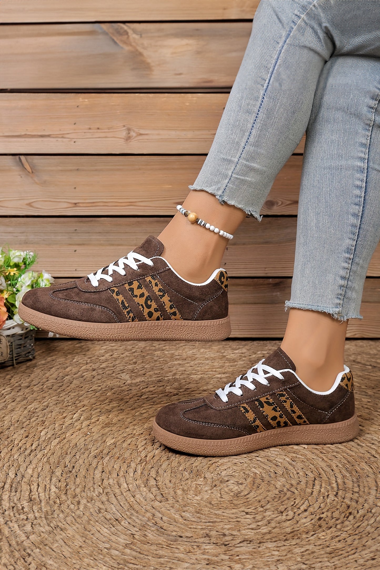 Leopard Patchwork Faux Suede Lace-Up Sneakers | Coffee