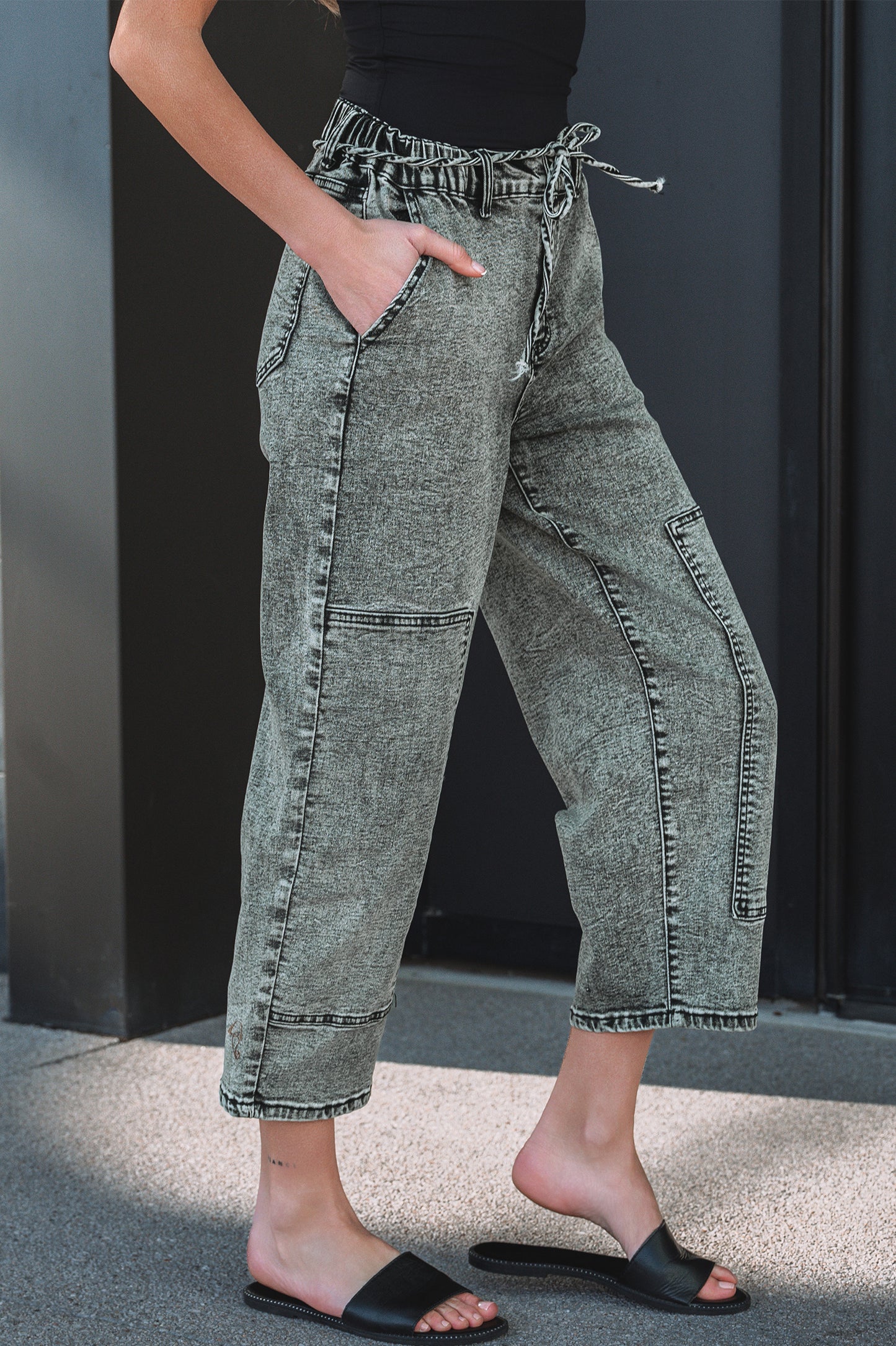 Gray Acid Wash Relaxed Fit Cropped Drawstring Denim Jeans