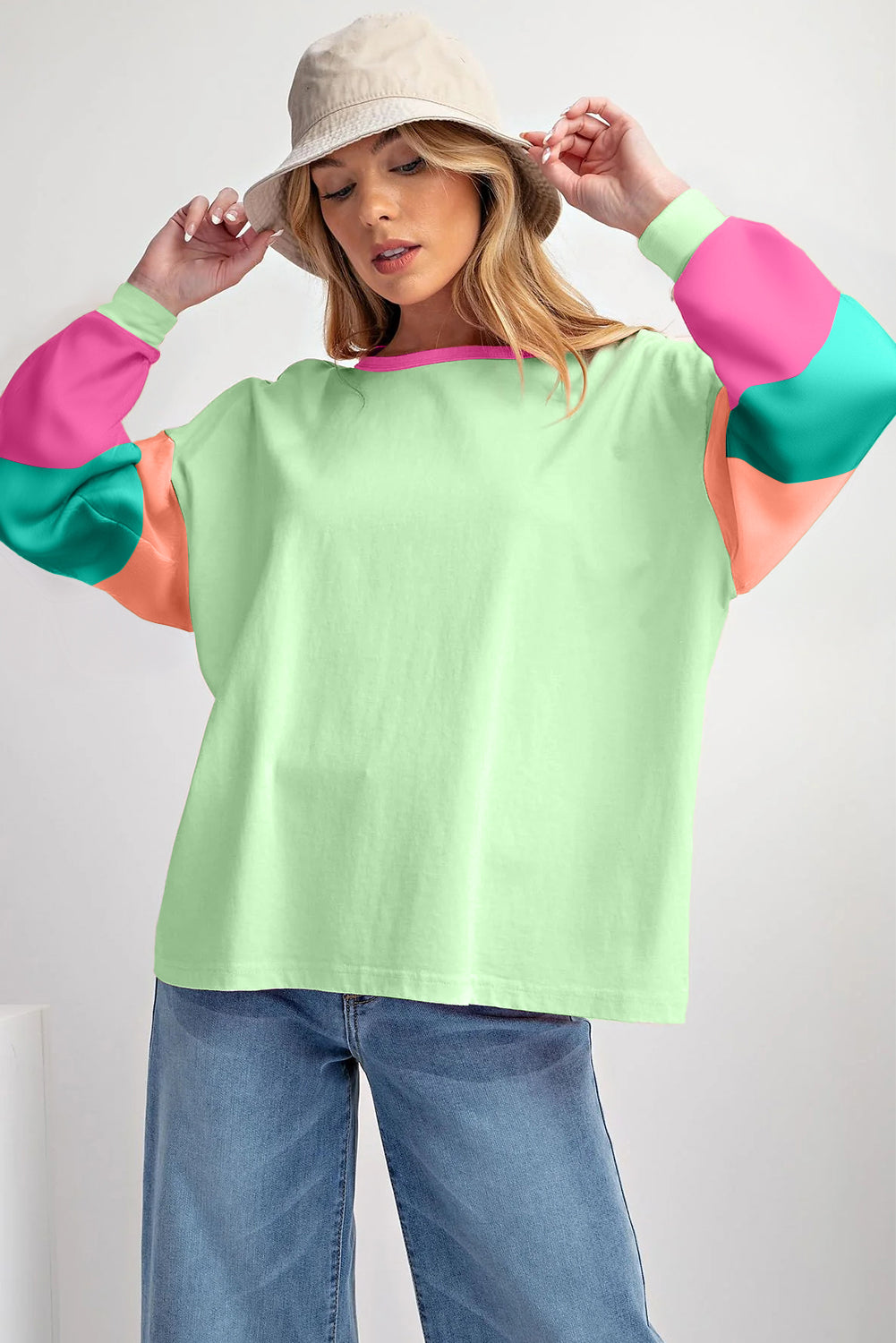 Colorblock Patchwork Long Sleeve Loose Top | Green