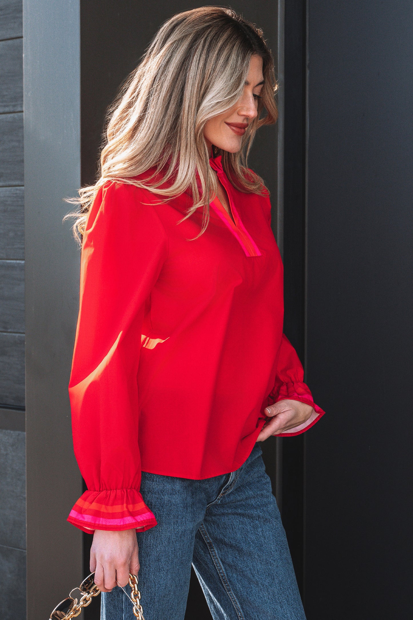 Striped Trim Ruffle Split Neck Long Sleeve Blouse | Red