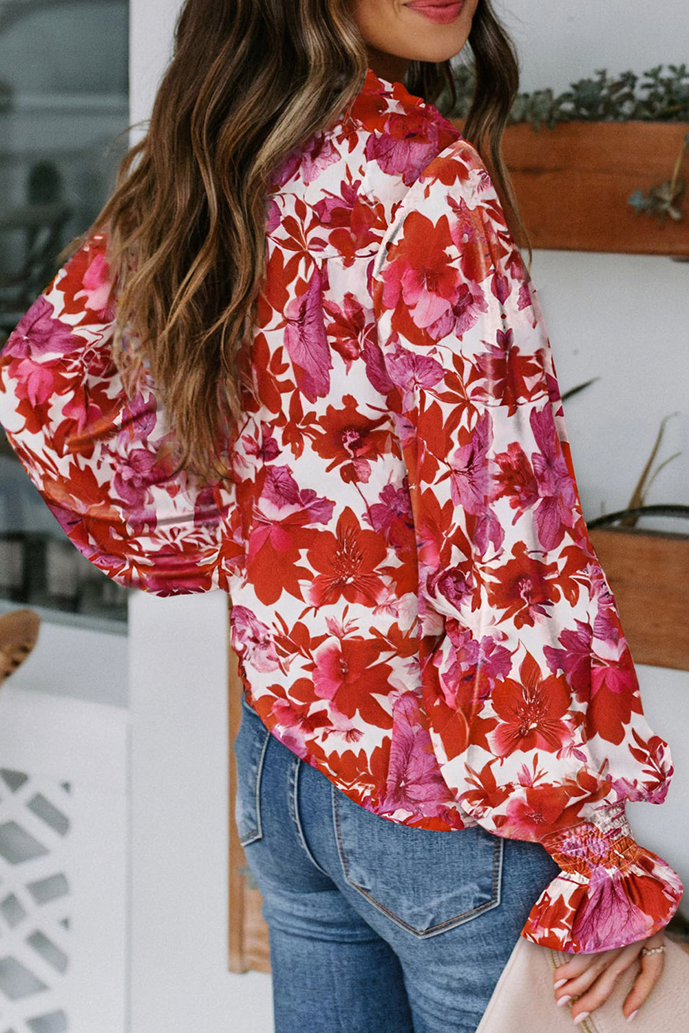 Floral Smocked Sleeve Ruffle Neck Blouse.  S-2x