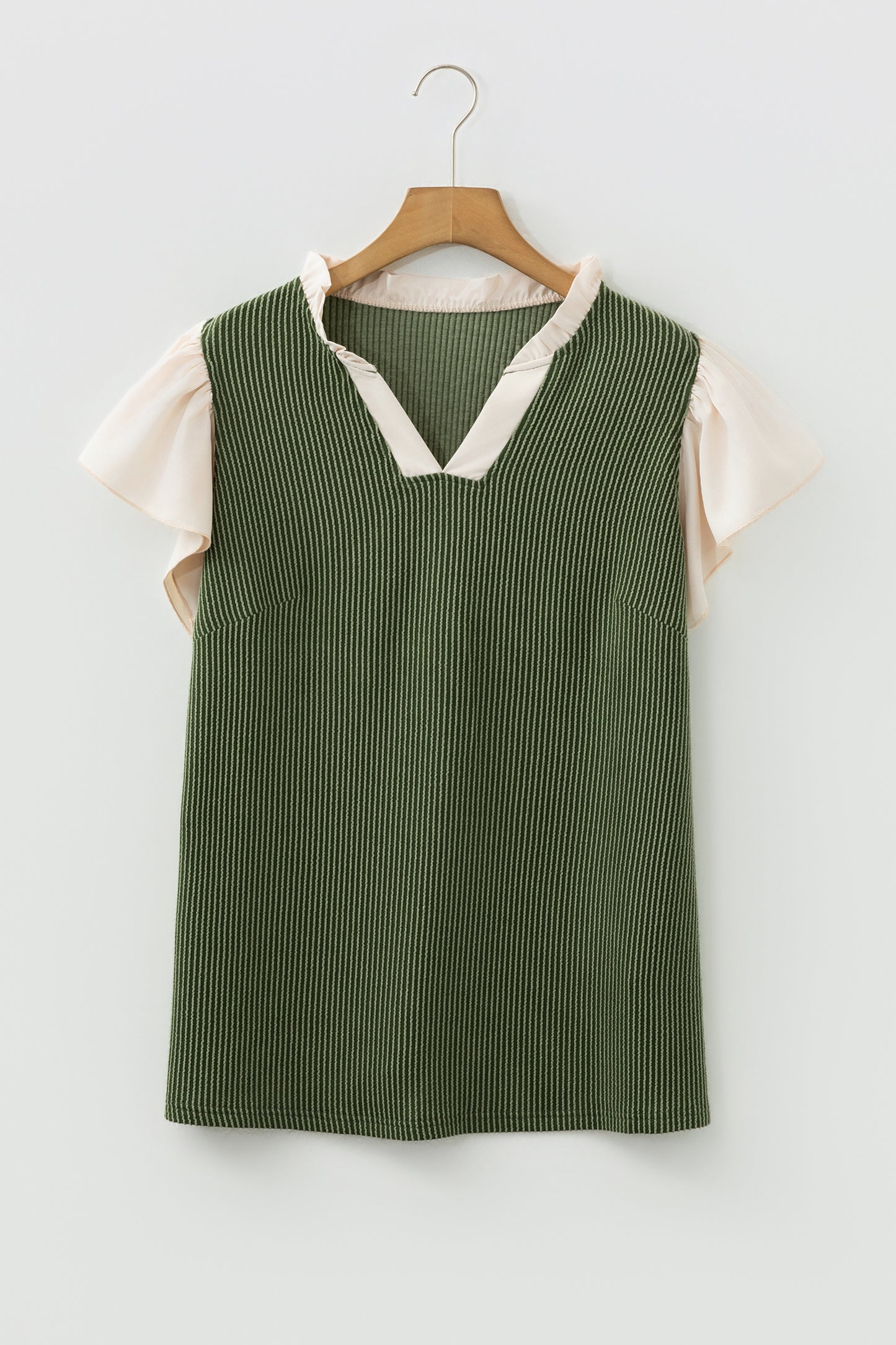 Frilled Neckline Ruffled Sleeve Ribbed Blouse | Plus Size | Vineyard Green | L–4X