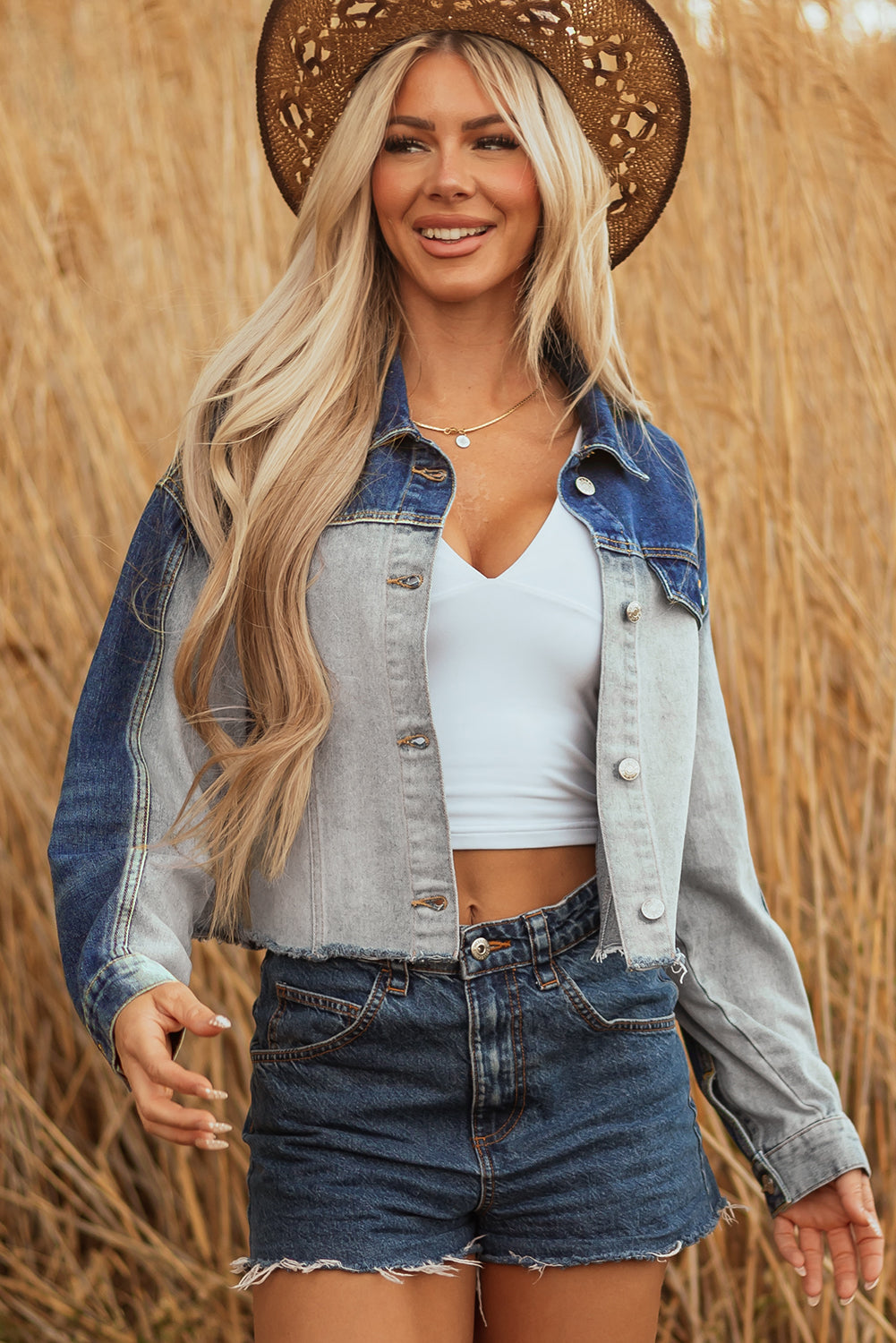 Dusk Blue Color Block Patchwork Flap Detail Distressed Cropped Denim Jacket