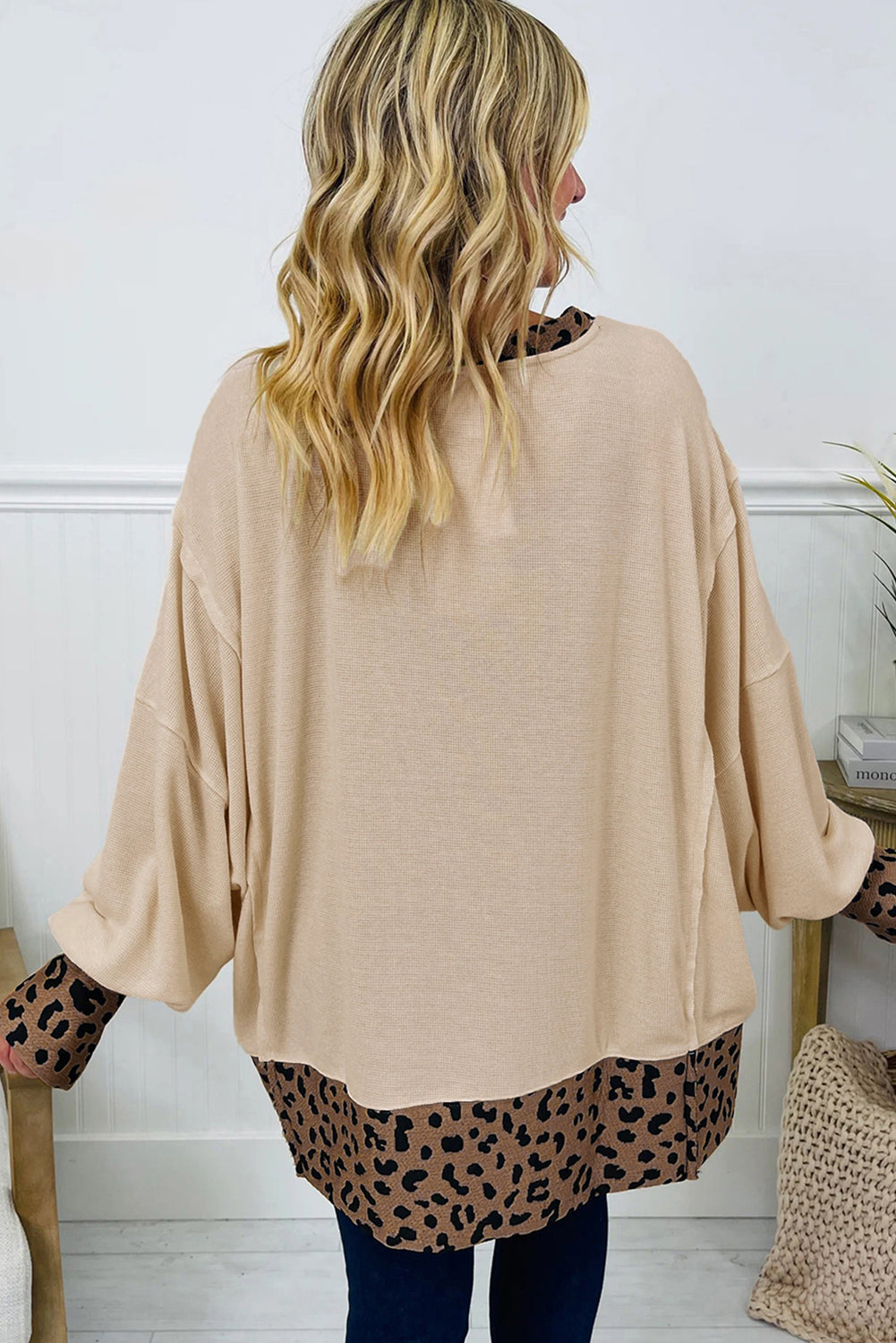 Leopard & Star Patchwork Raw-Seam Baggy Sweatshirt | Beige
