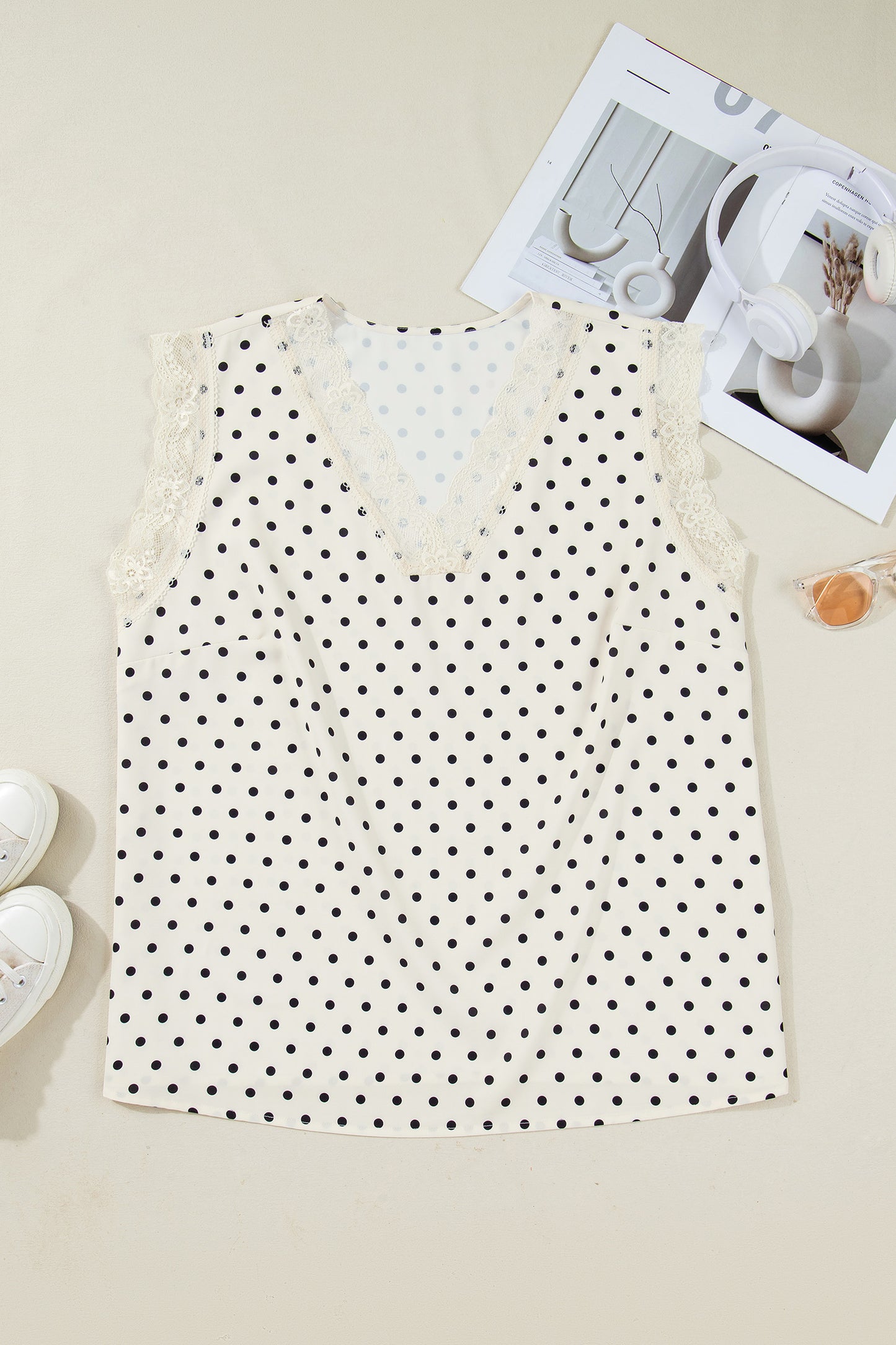 Polka Dot Lace Trim V-Neck Sleeveless Top | Plus Size | Cream | 1X–4X