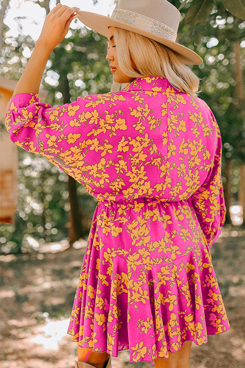 Floral Print Drawstring Waist Tunic Flowy Short Dress