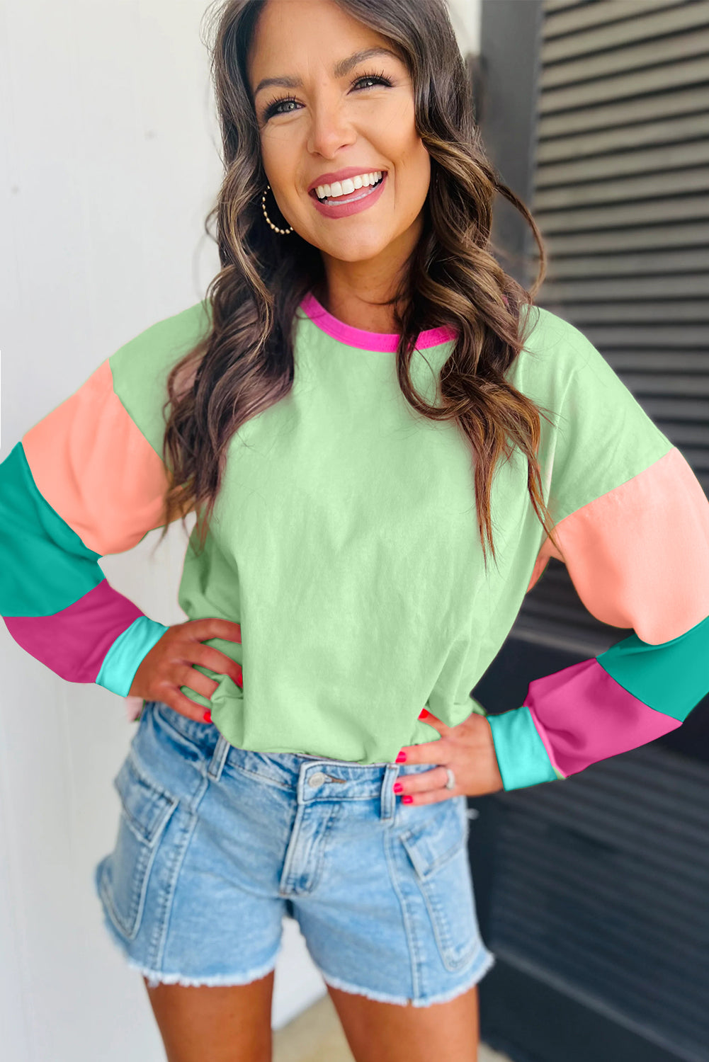 Colorblock Patchwork Long Sleeve Loose Top | Green