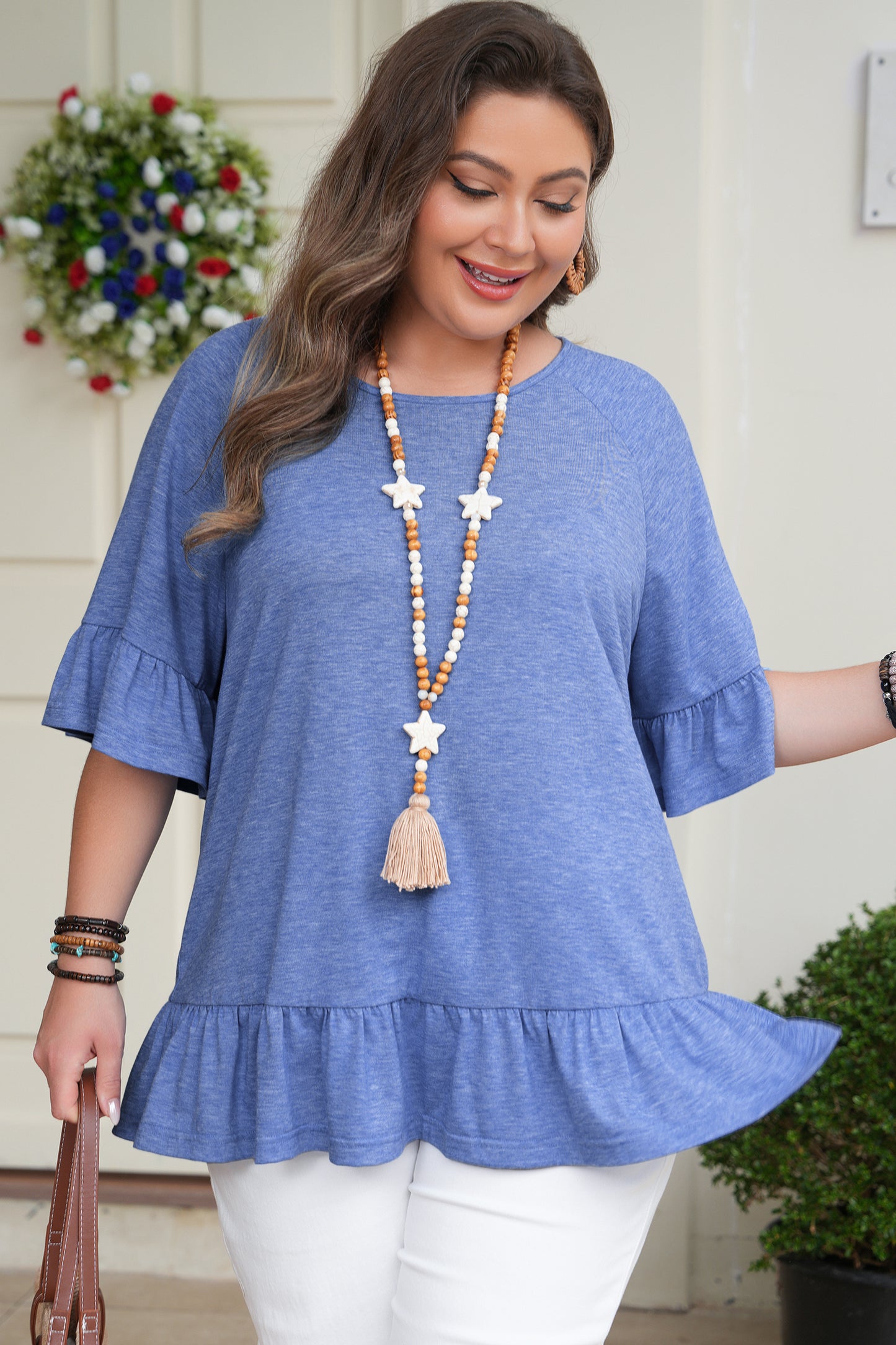 Ruffled Raglan Short Sleeve Blouse | Plus Size | Dusk Blue | 1X–4X