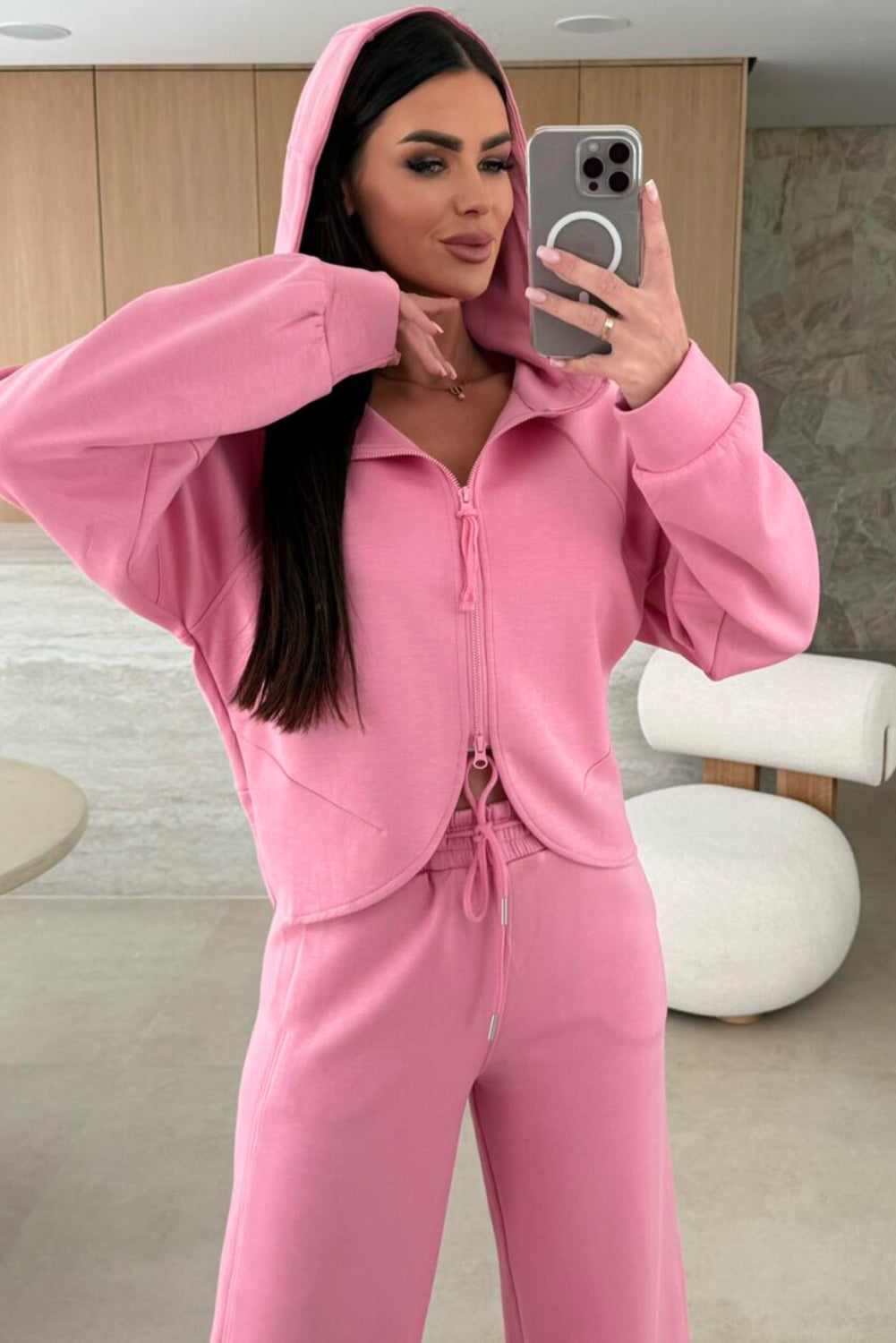 Zip-Up Hoodie & Drawstring Pants Tracksuit Set in Pink