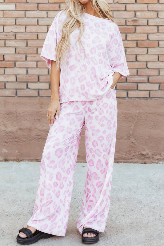 Pink Leopard Print Short Sleeve Top & Pants Two-Piece Set | S–XL