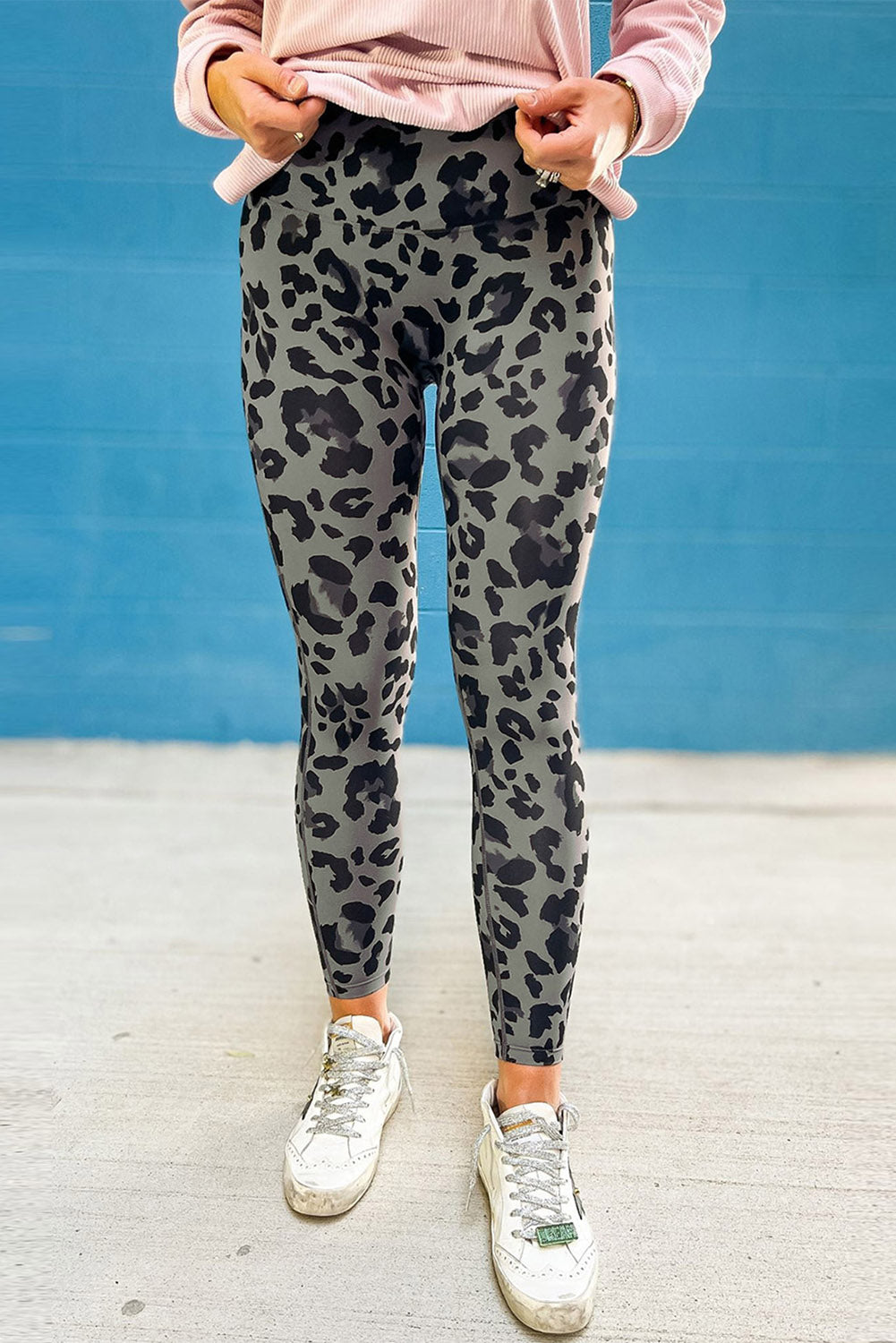 Gray Leopard Print High Stretch Active Leggings