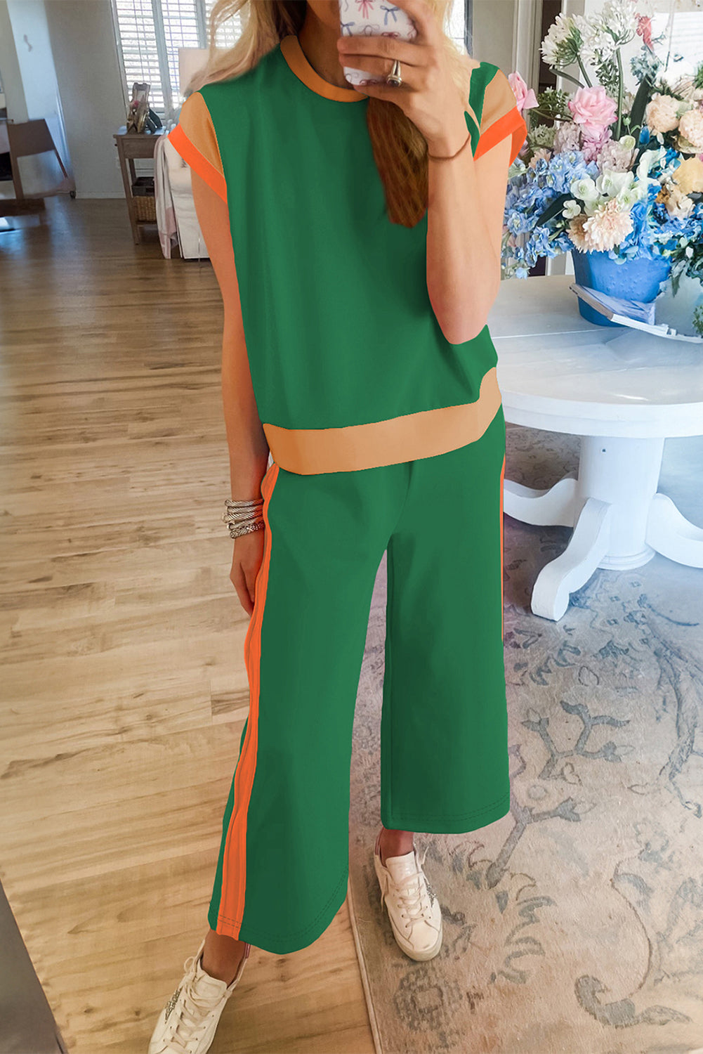 Color Block Crew Neck Cap Sleeve Top & Ankle Wide Leg Pants Set | S–2XL | 7 Colours
