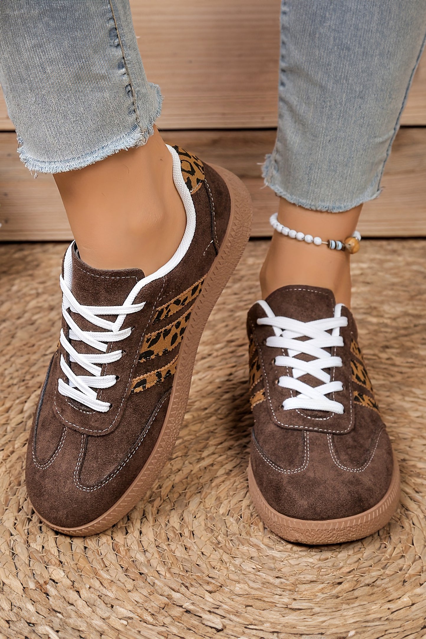 Leopard Patchwork Faux Suede Lace-Up Sneakers | Coffee