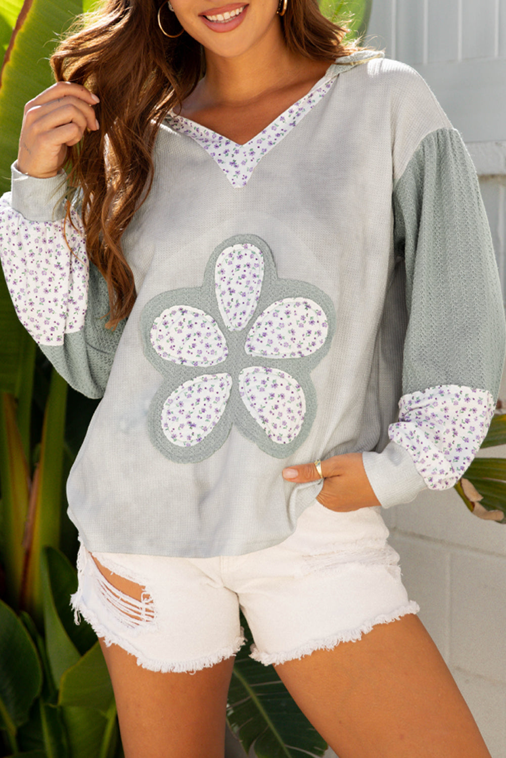 Floral Patch Waffle Texture Colorblock V-Neck Hoodie Top