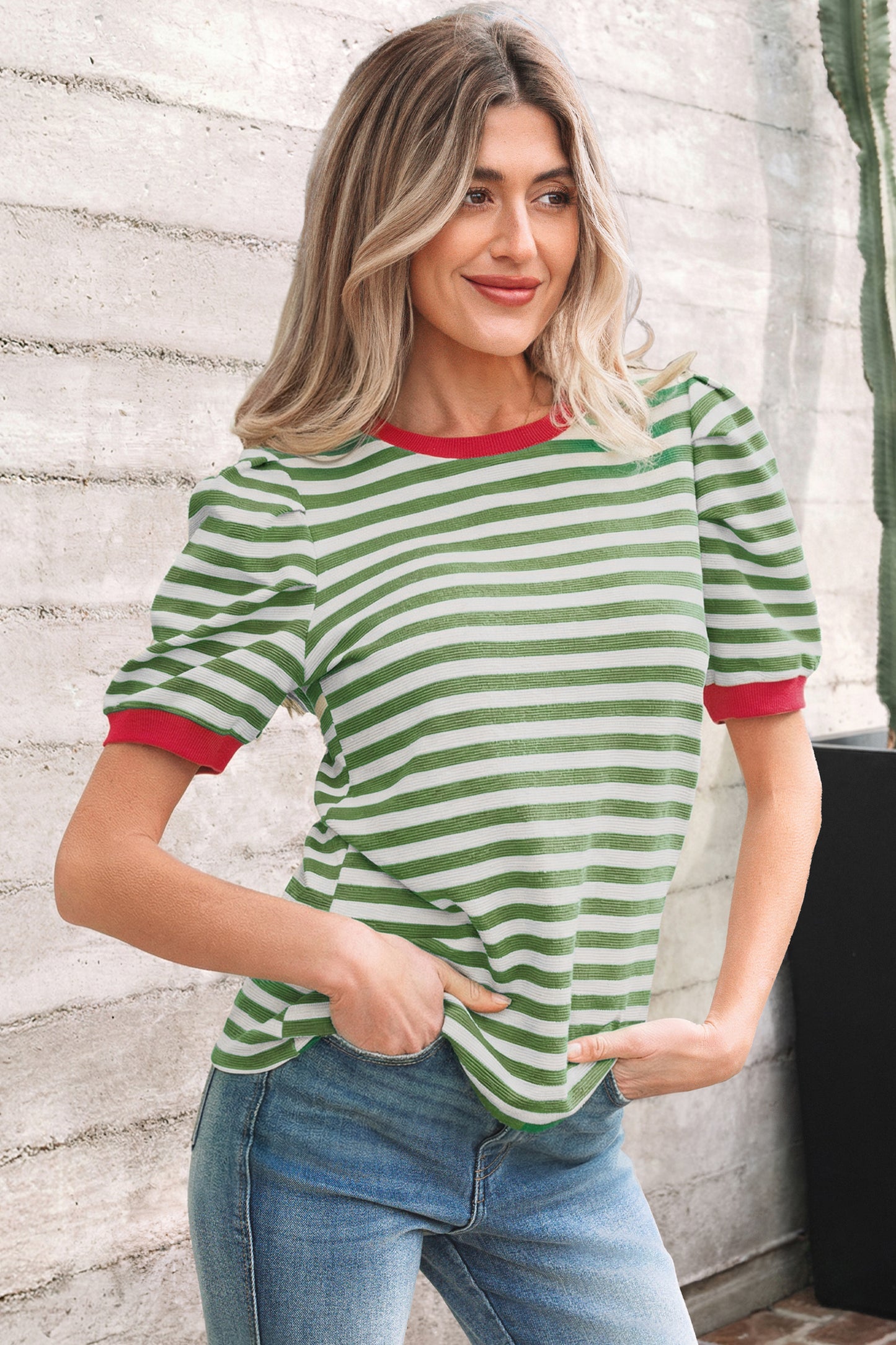 Striped Puff Sleeve Contrast Trim Round Neck Tee | Green, Brown & Rose | S–XL