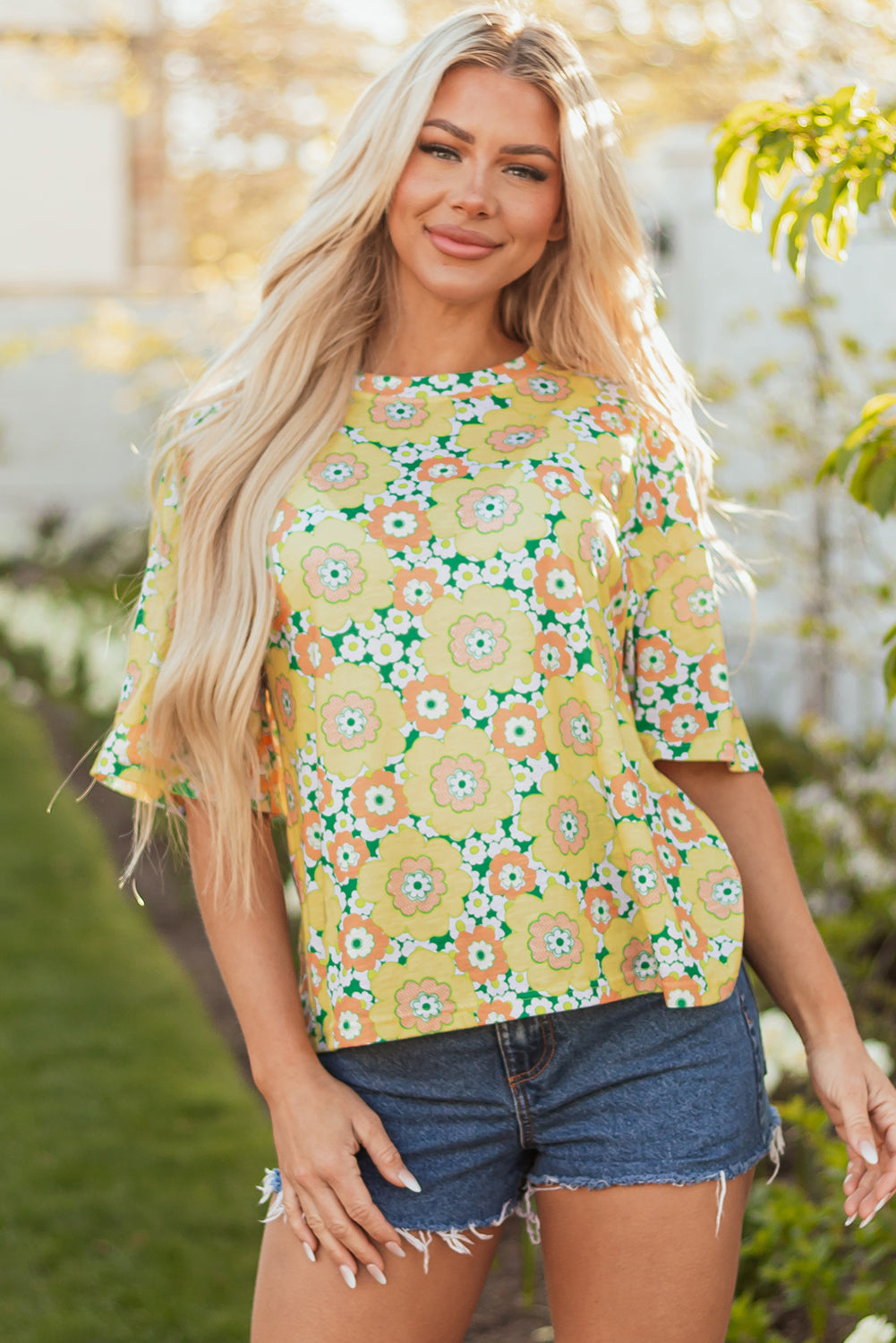 Yellow Flower Print Drop Shoulder Loose T-Shirt – Women's Casual Summer Top (S–XL)