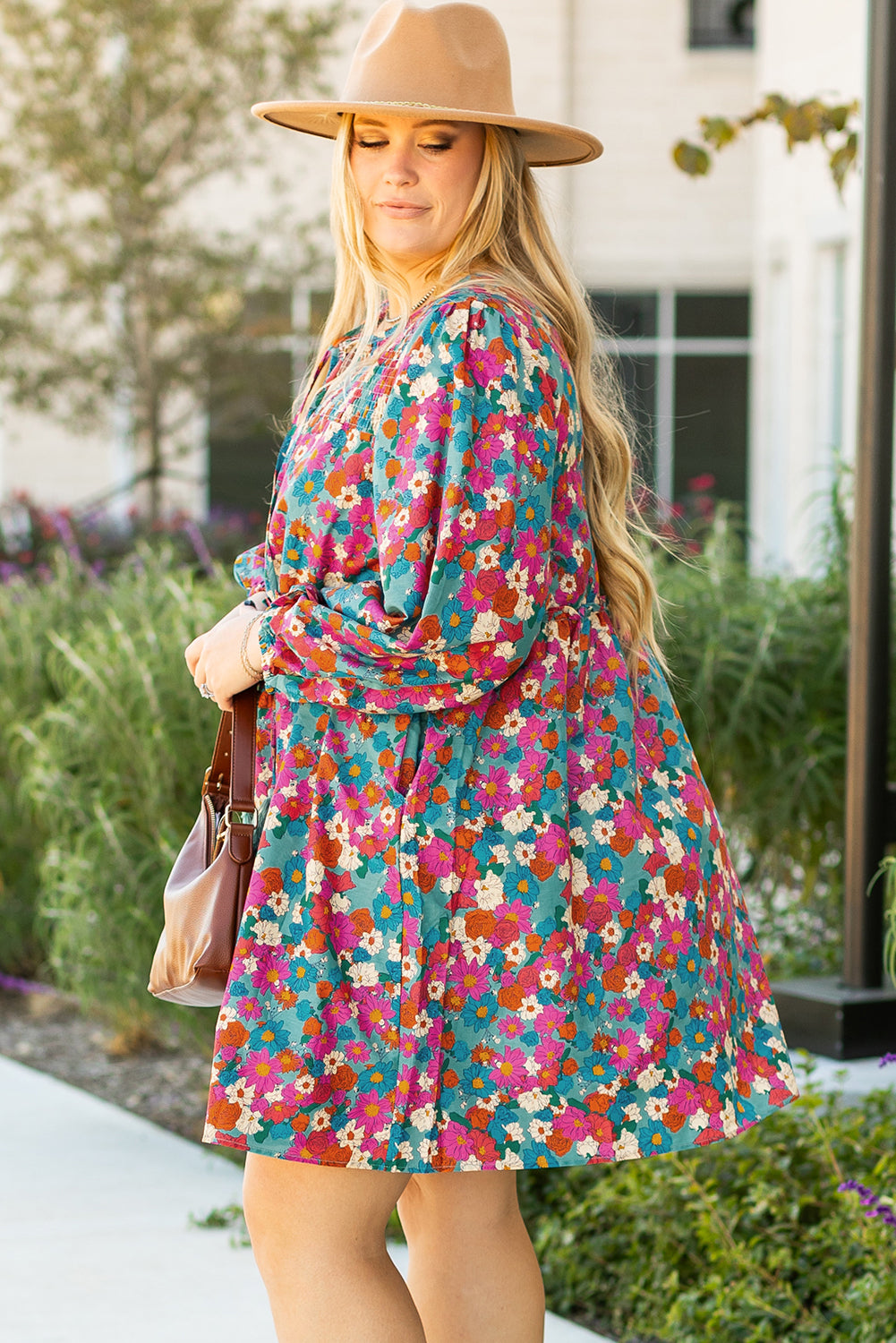 Multicolour Floral Print Shirred Ruffle Tiered Plus Size Mini Dress