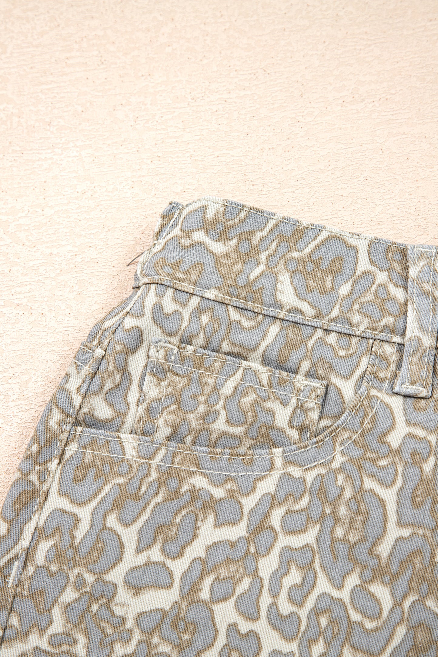 Leopard Print Raw Edge Denim Shorts | Khaki | US 4–16