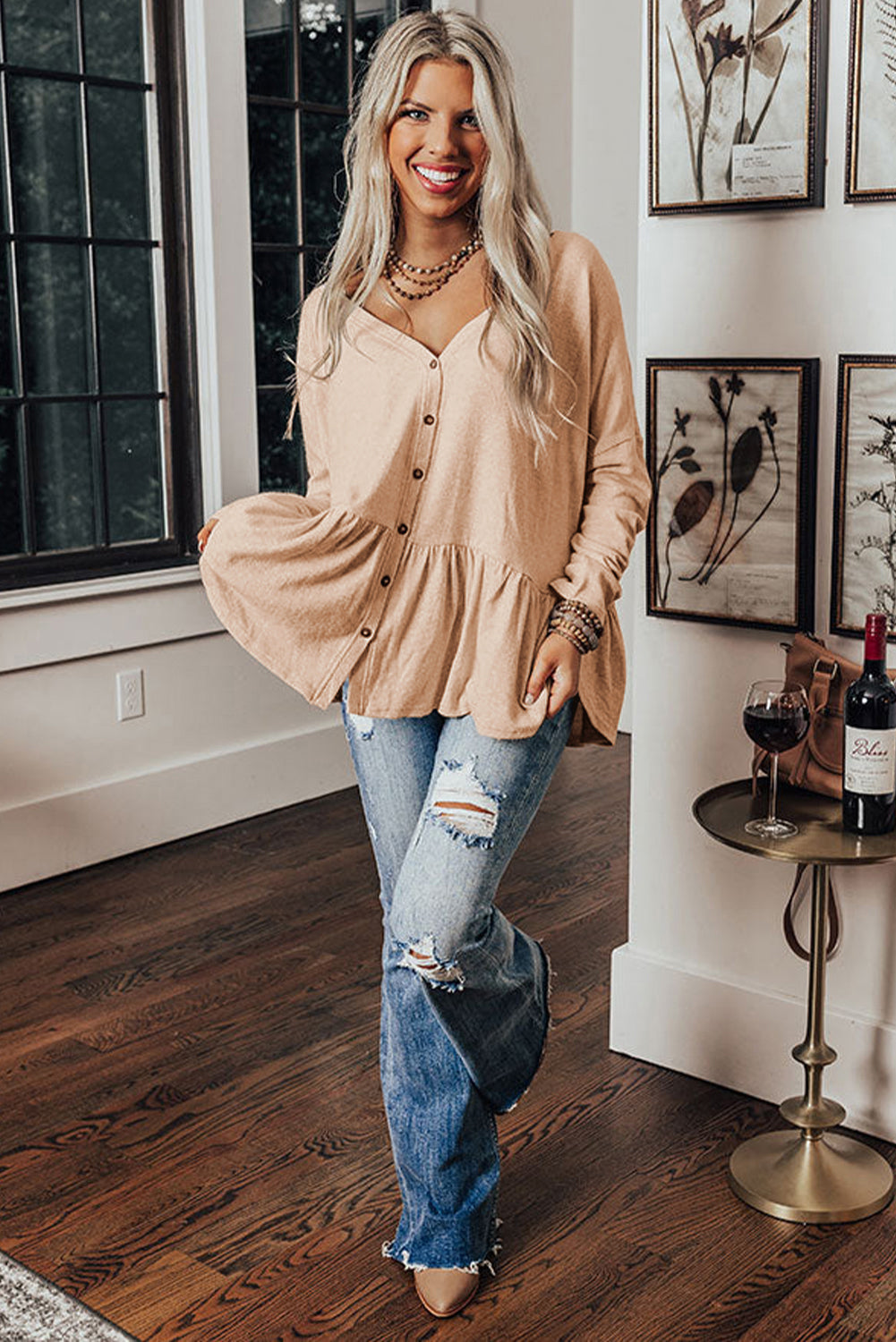 Beige Ruffled Hem Buttoned V-Neck Long Sleeve Shirt