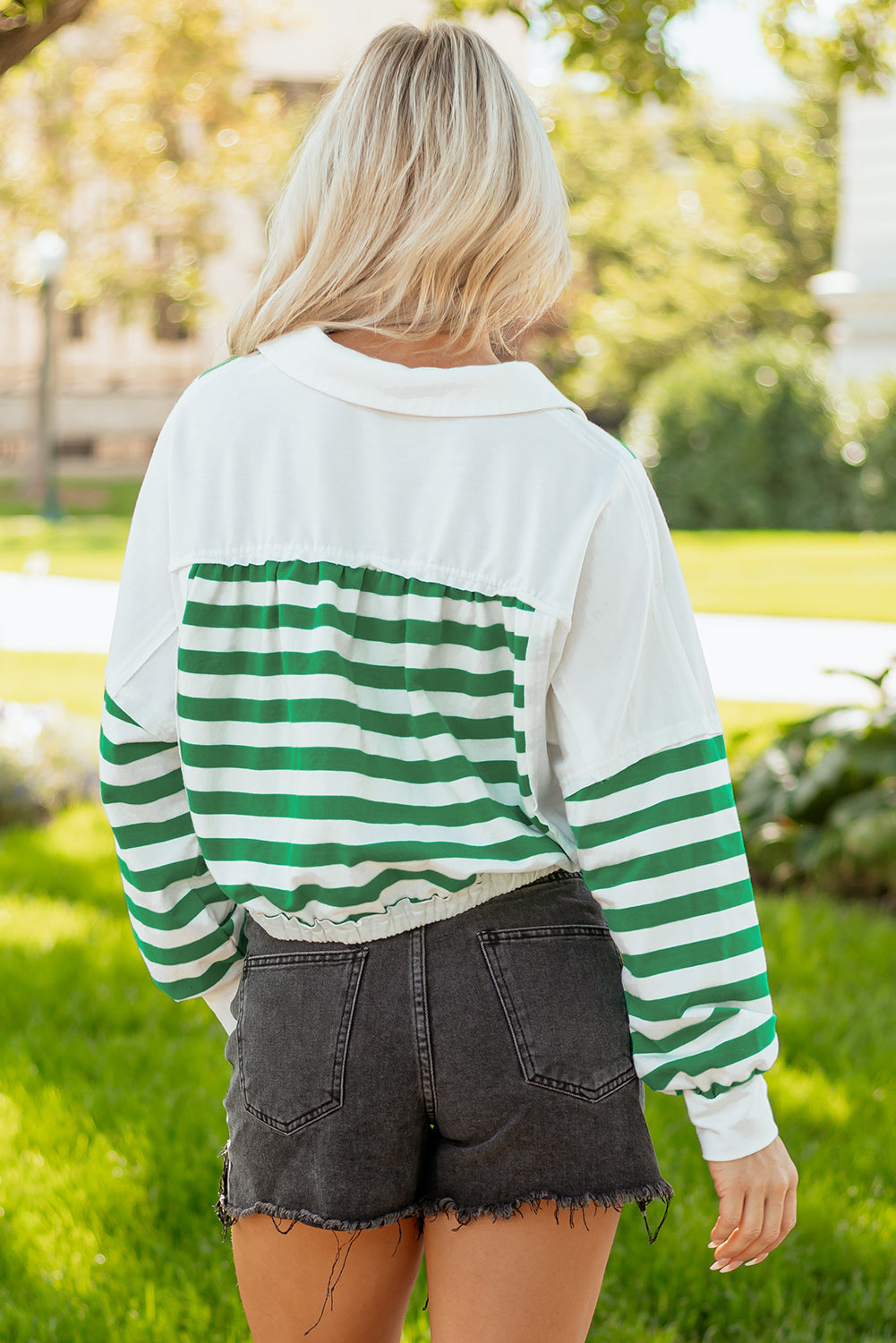 Green Stripe Colorblock Collared V-Neck Cropped Knit Pullover