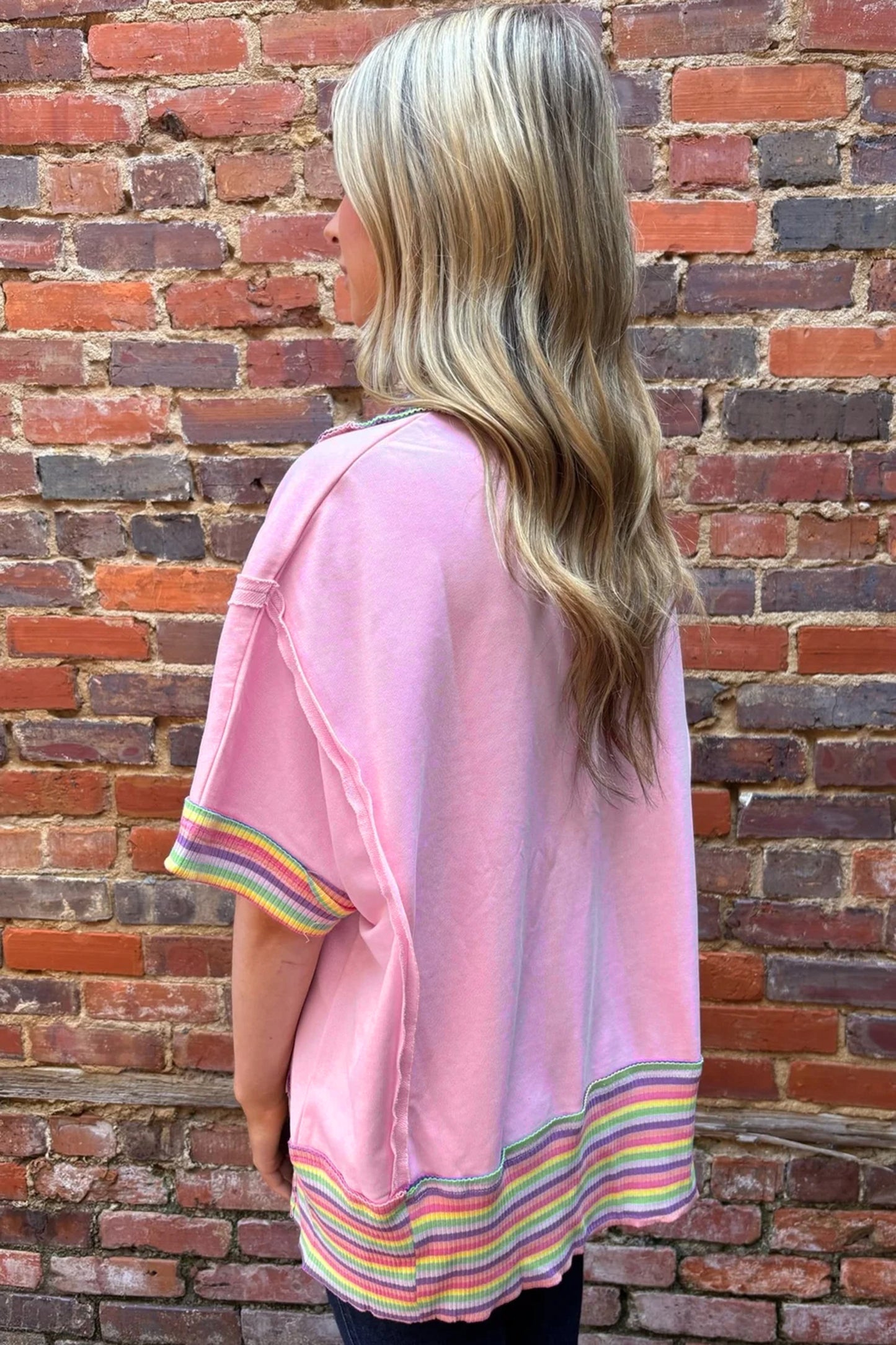 Pink Rainbow Stripe Ribbed Patchwork Raw Seam Oversized Polo Tee