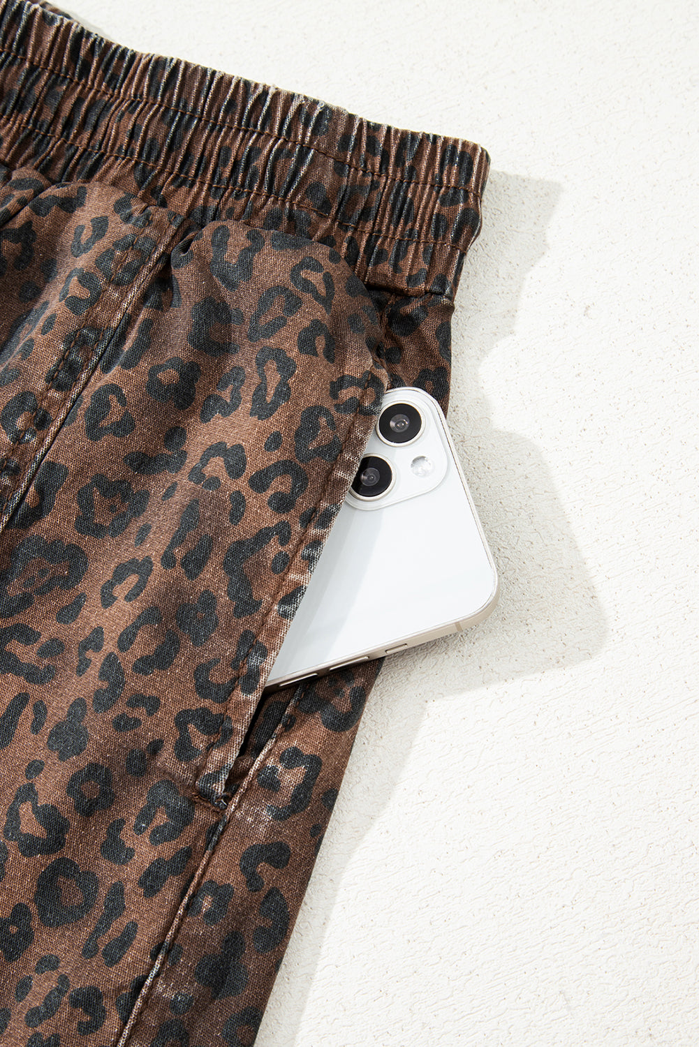 Brown Leopard Print Drawstring Elastic Waist Denim Skort