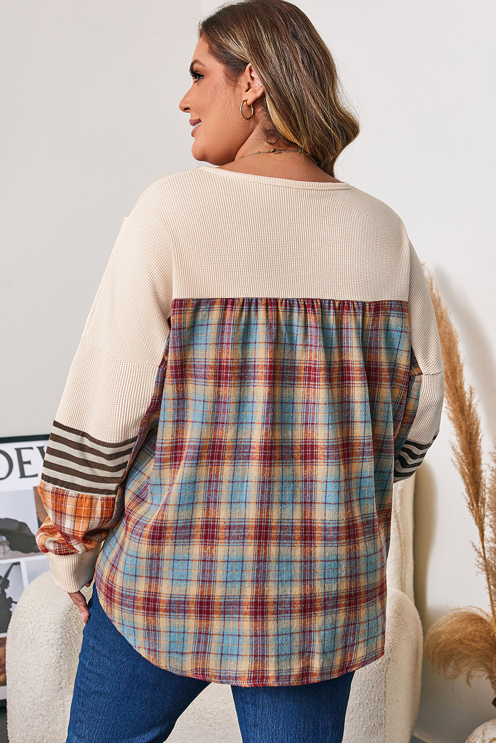 Plus Size Waffle Knit Colorblock Patchwork Half-Button Pullover