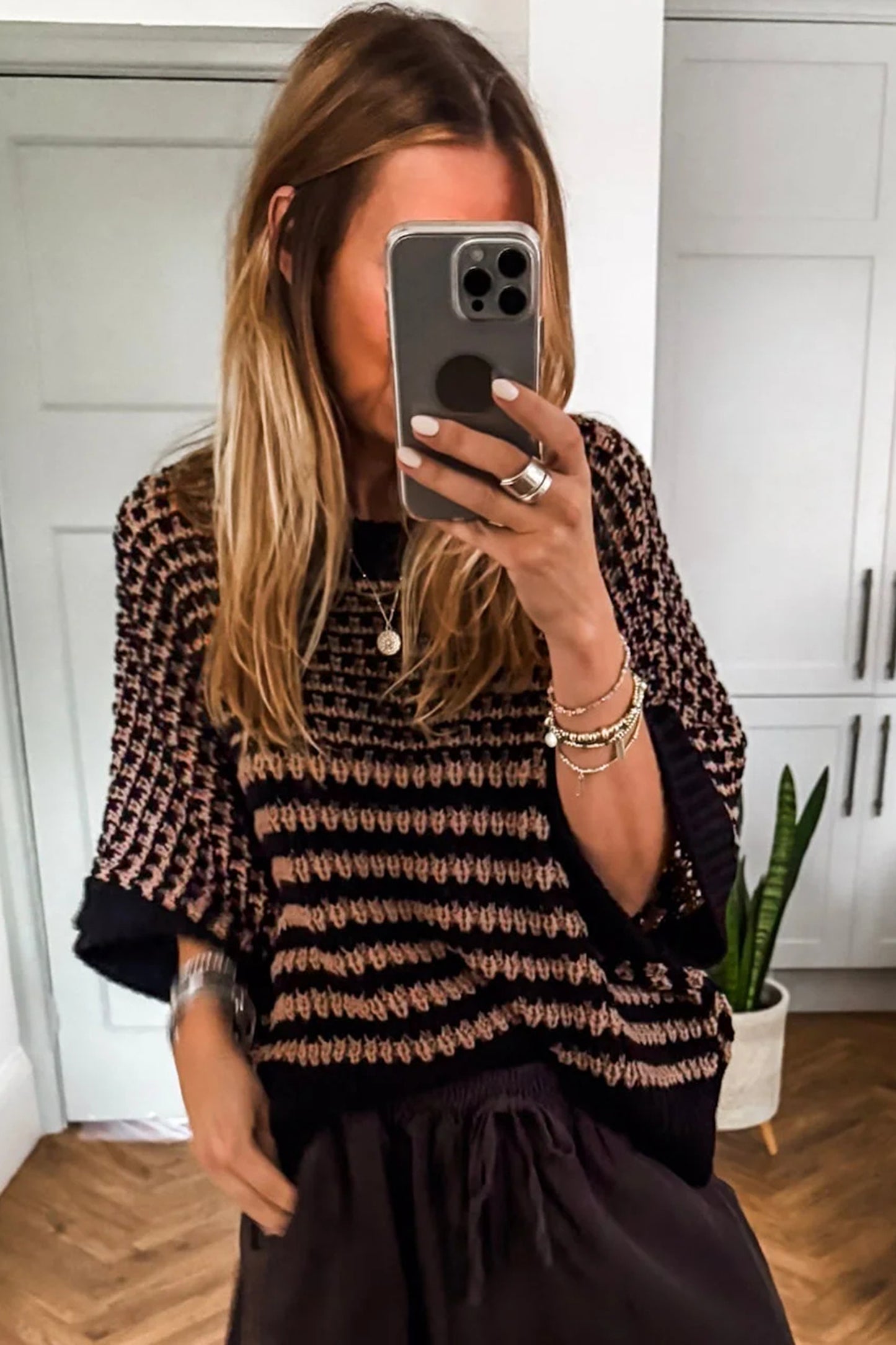 Striped Slouchy Sweater with 3/4 Draped Sleeves | Black Stripe