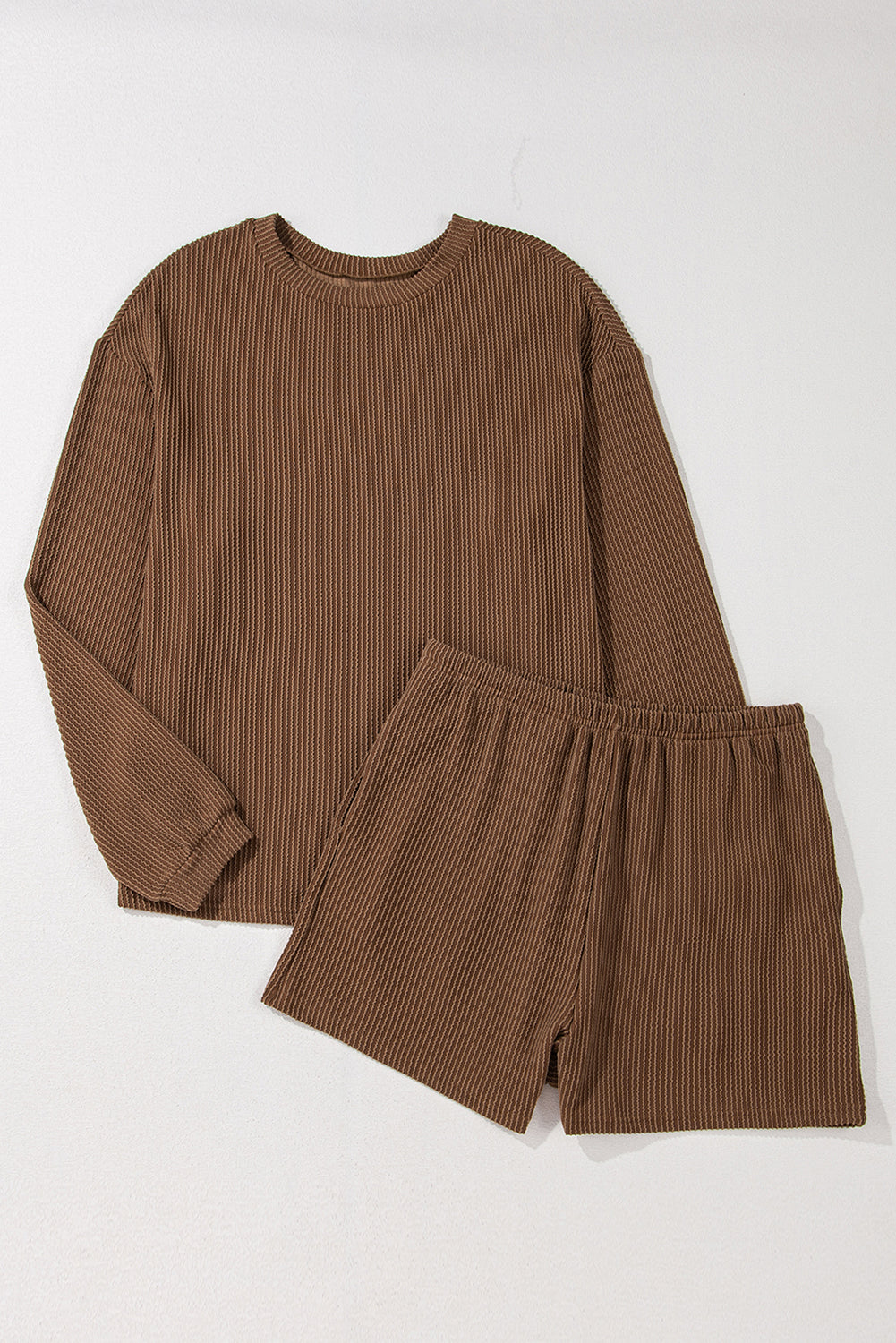Corded Knit Long Sleeve Top High Waist Shorts Set