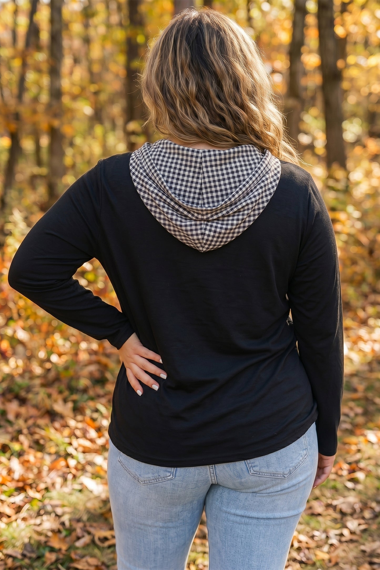 Women's Plus Size Black Hooded Checkered Print Long Sleeve Shirt 1X to 4X