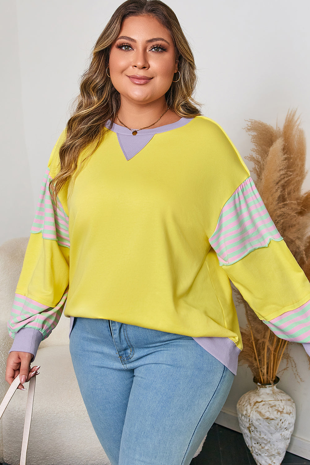 Yellow Crewneck Sweatshirt with Stripe Sleeve Detail – Plus Size 1X–4X