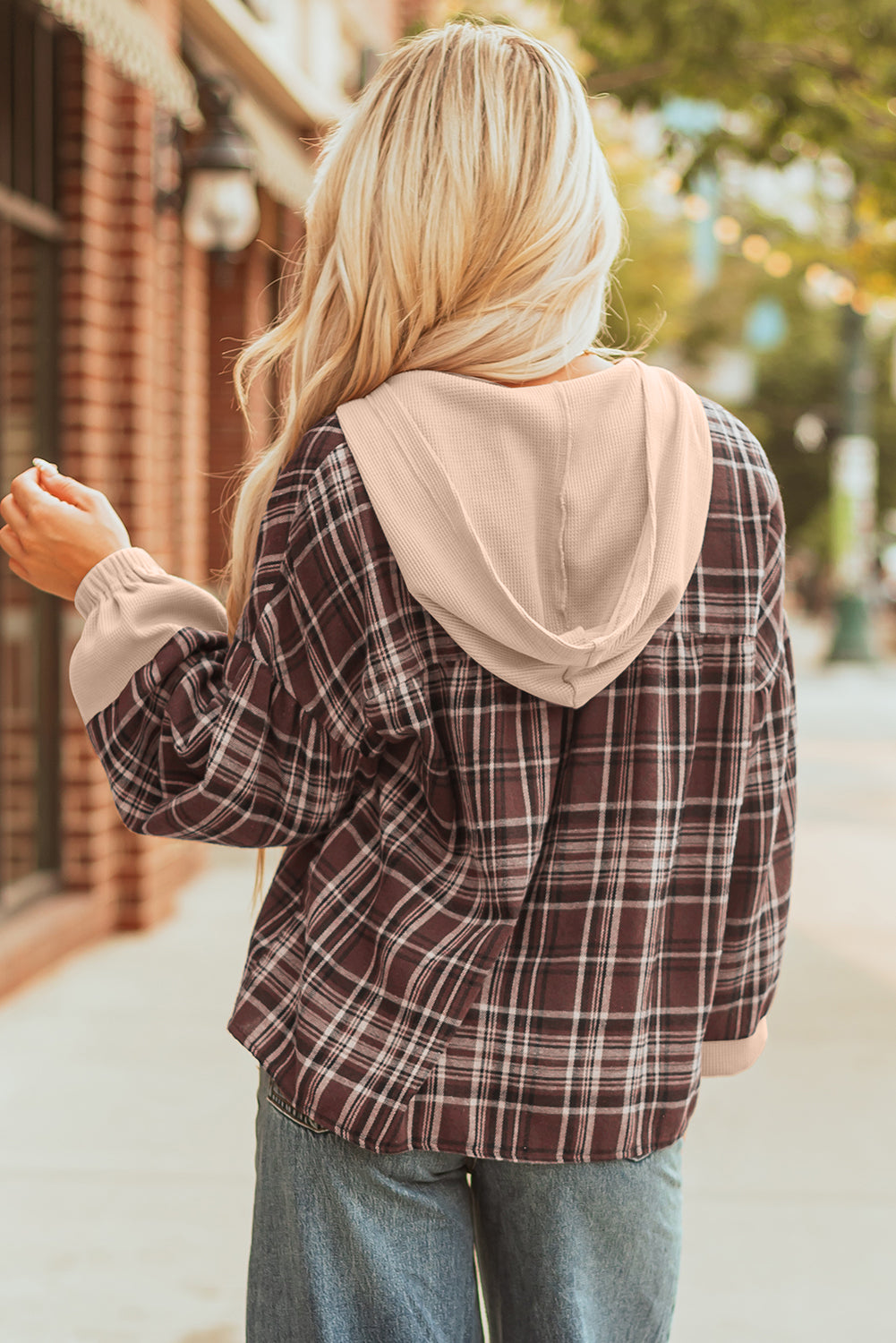 Plaid Patchwork Quarter-Button V-Neck Hooded Long Sleeve Blouse
