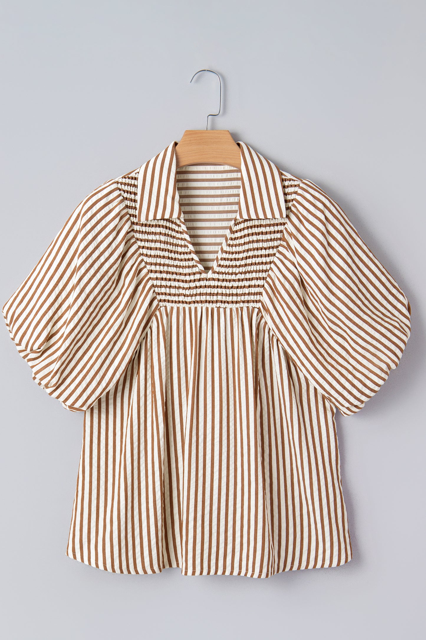 Striped Shirred V-Neck Blouse with Puff Sleeves | Brown