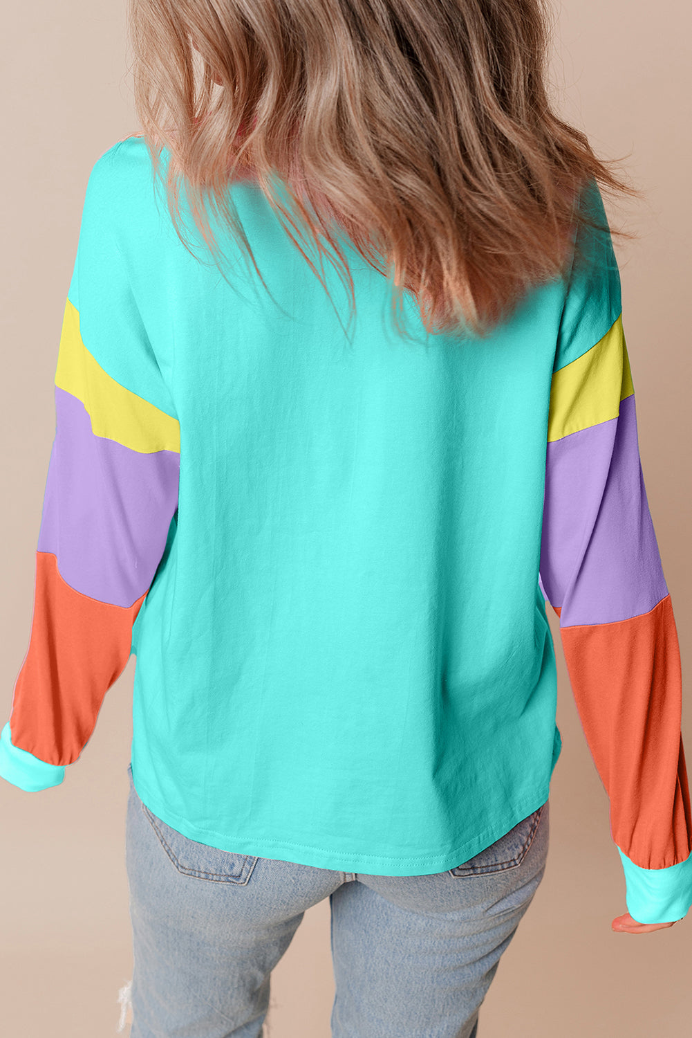 Colorblock Patchwork Long Sleeve Loose Top | Light Blue