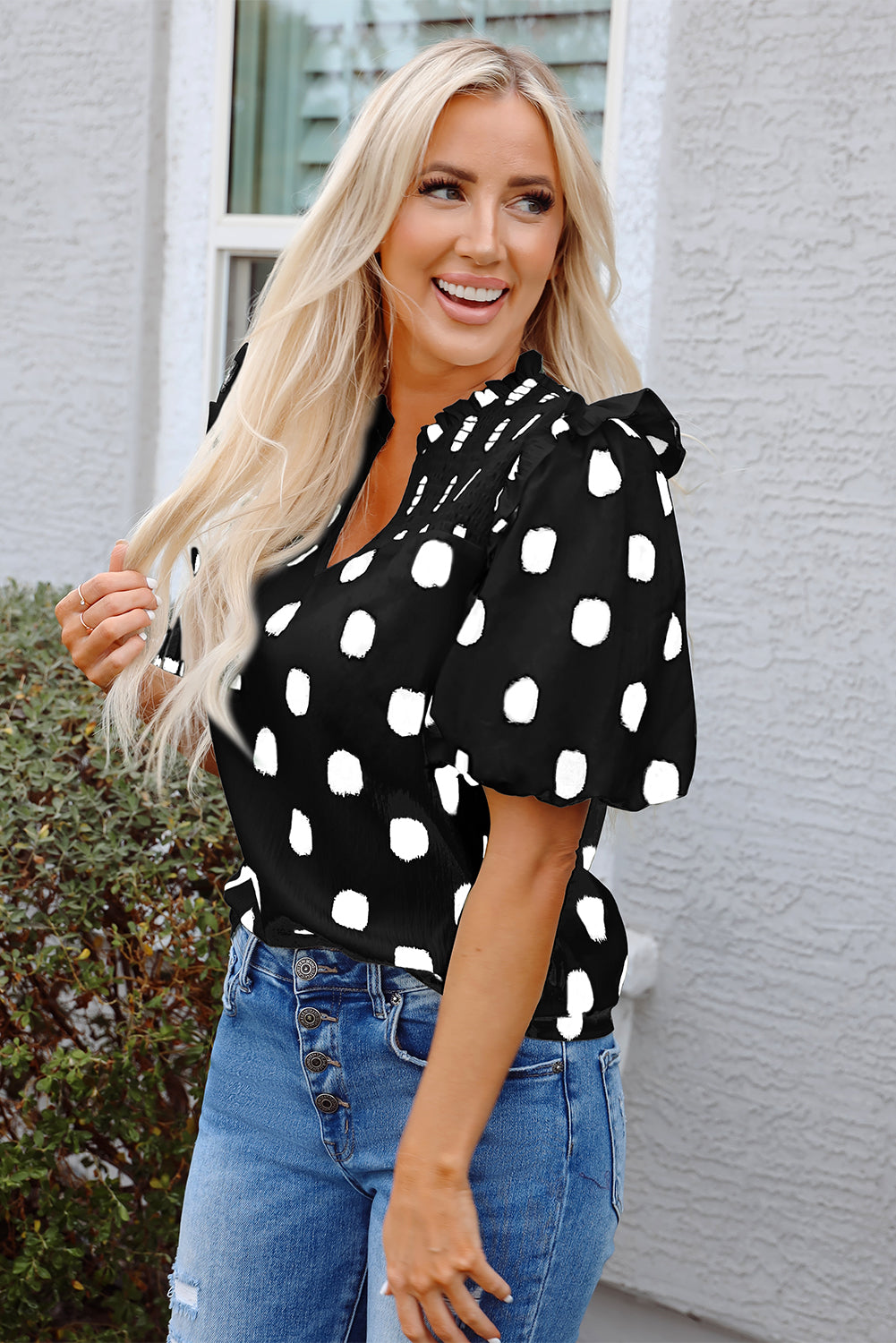 Apricot Polka Dot Shirred Yoke Frilled Collar Notched Neck Balloon Sleeve Blouse – Women's Romantic Statement Top (S–XL)