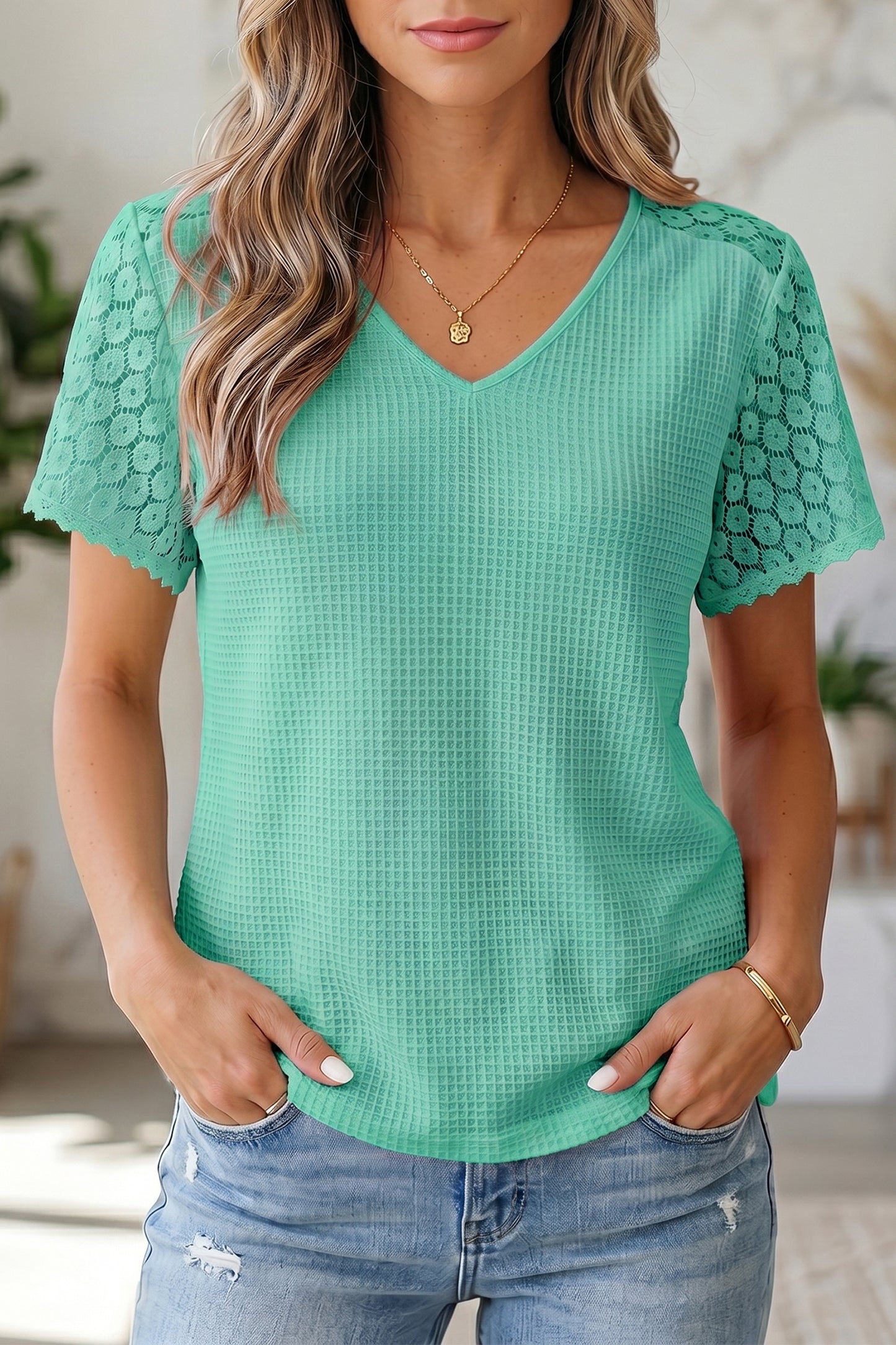 Womens Lace Trim Waffle Knit V Neck Top S–XL